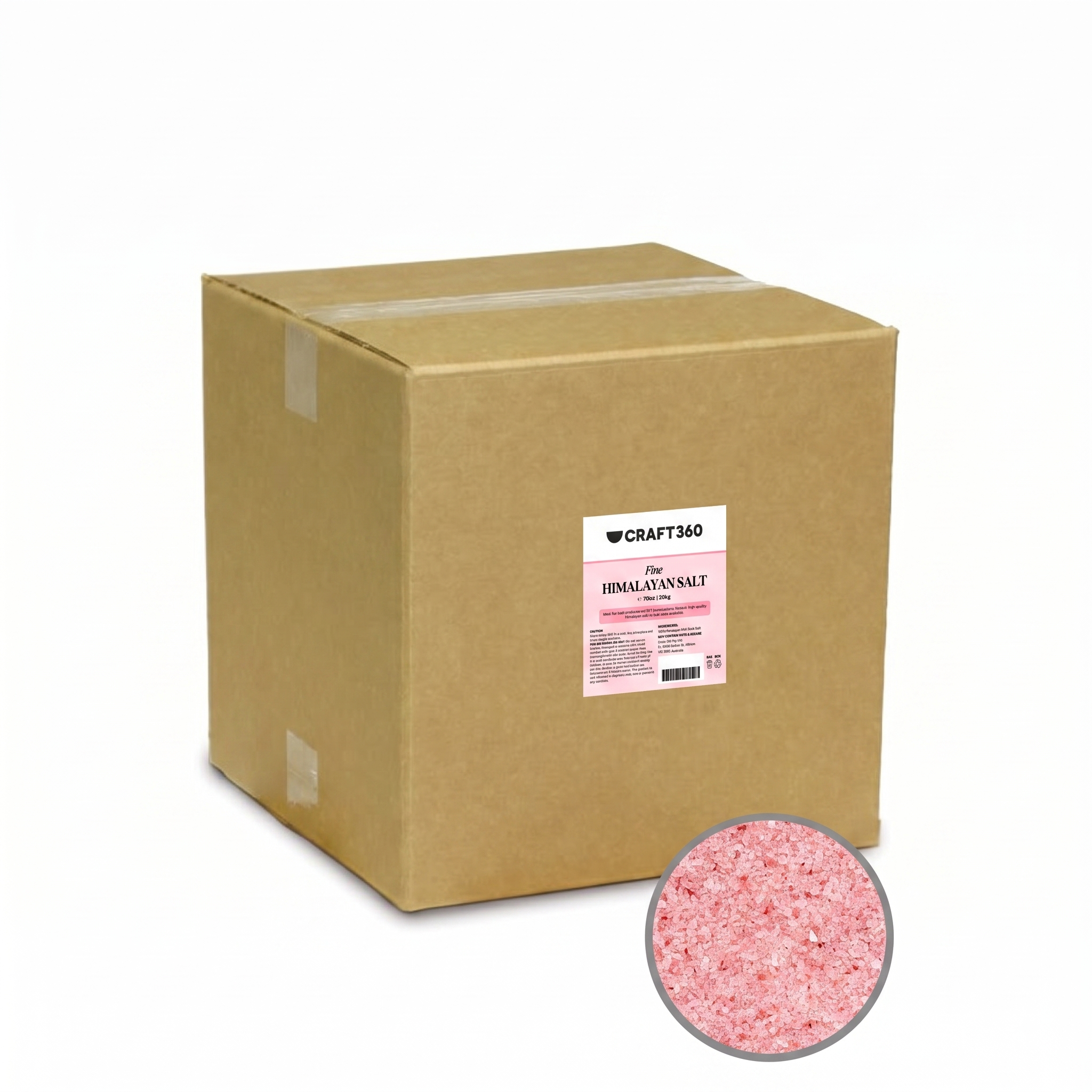 20 kg bulk box of Fine Himalayan Pink Salt with close-up showing the fine pink salt crystals.