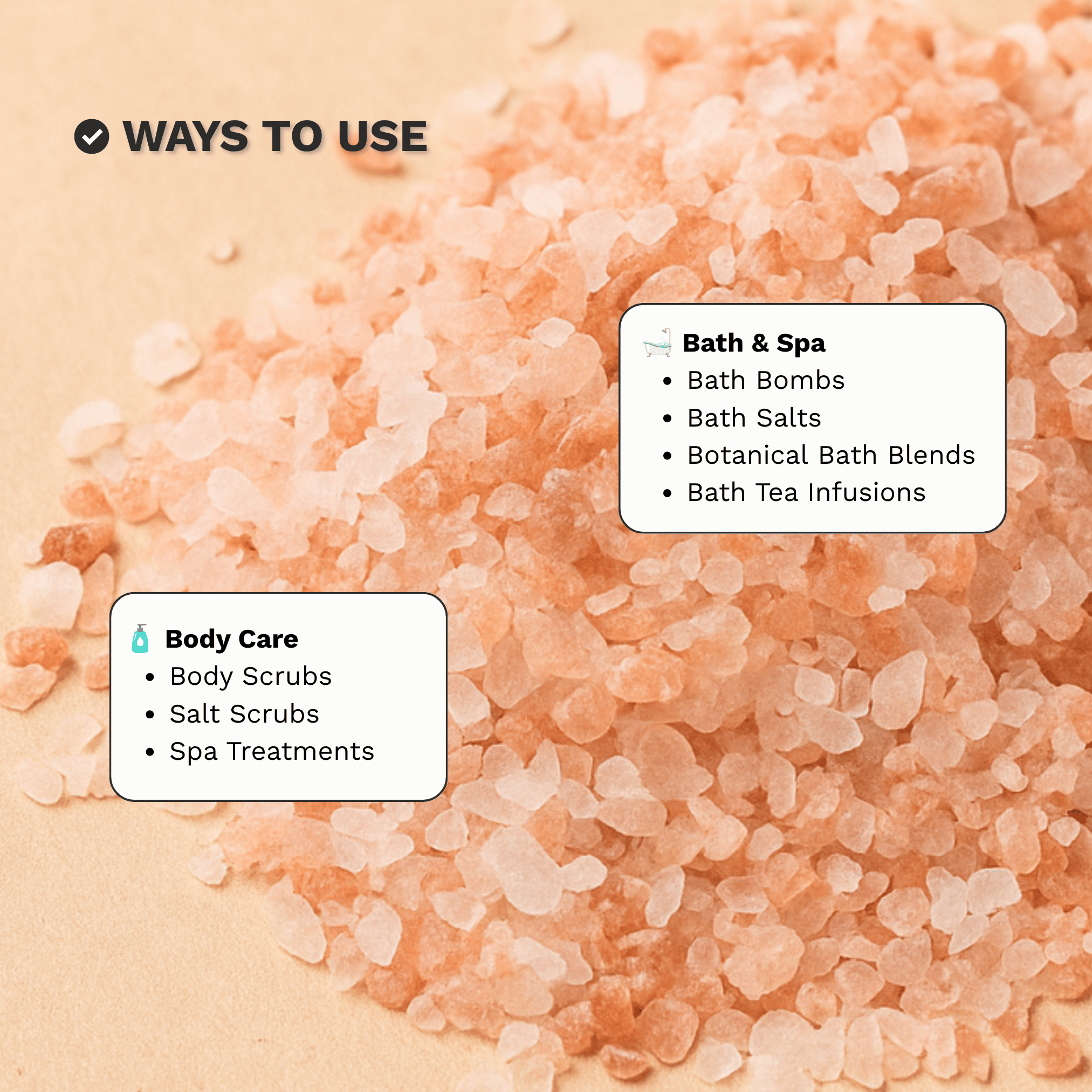 Infographic showing common bath, spa and body care uses for Coarse Himalayan Pink Salt