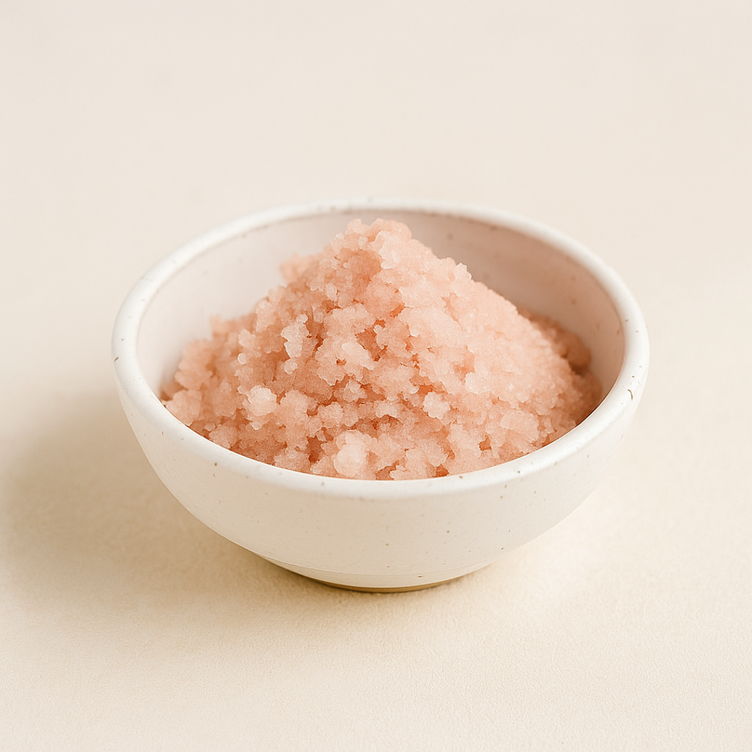white bowl filled with a himalayan salt scrub