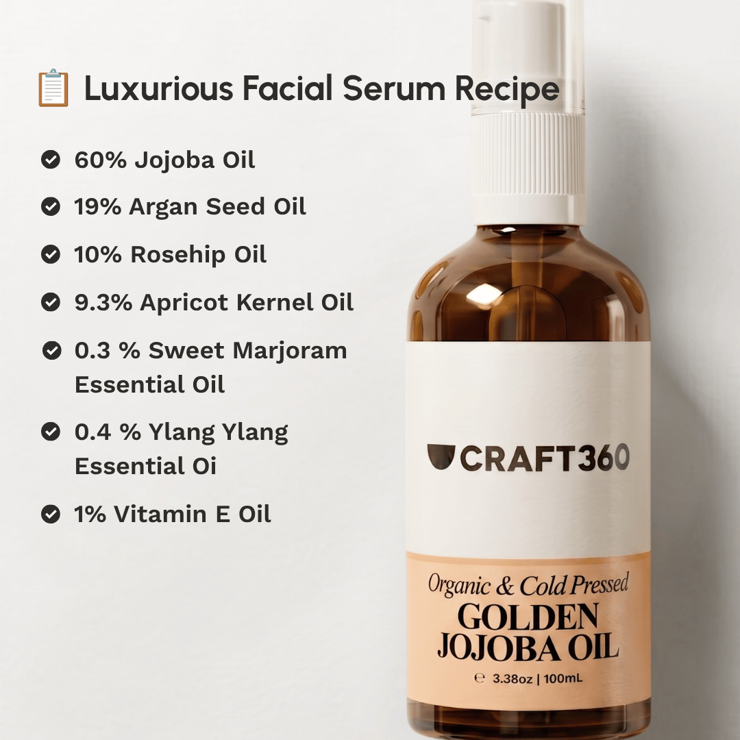 Facial serum recipe featuring Organic Golden Jojoba Oil with complementary carrier and essential oils