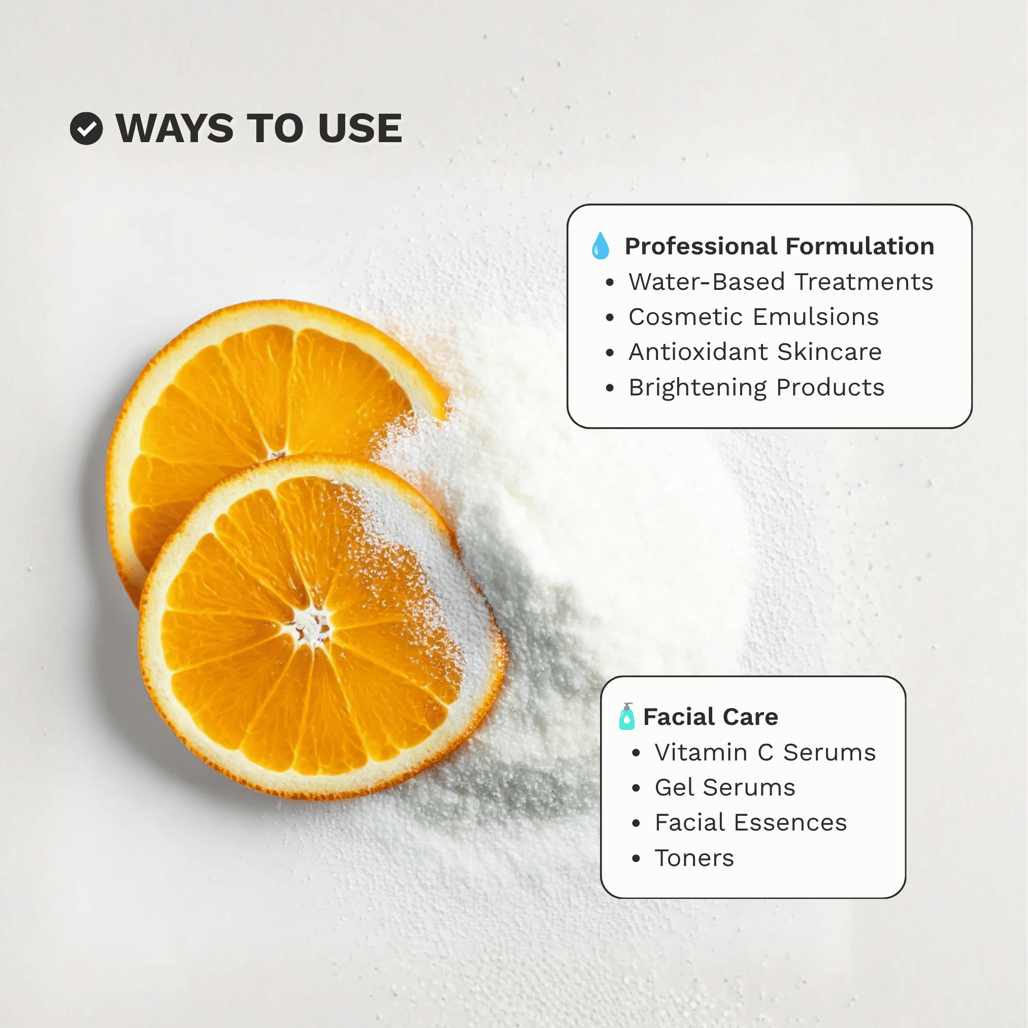 Infographic showing common skincare and cosmetic formulation uses for L-Ascorbic Acid Vitamin C