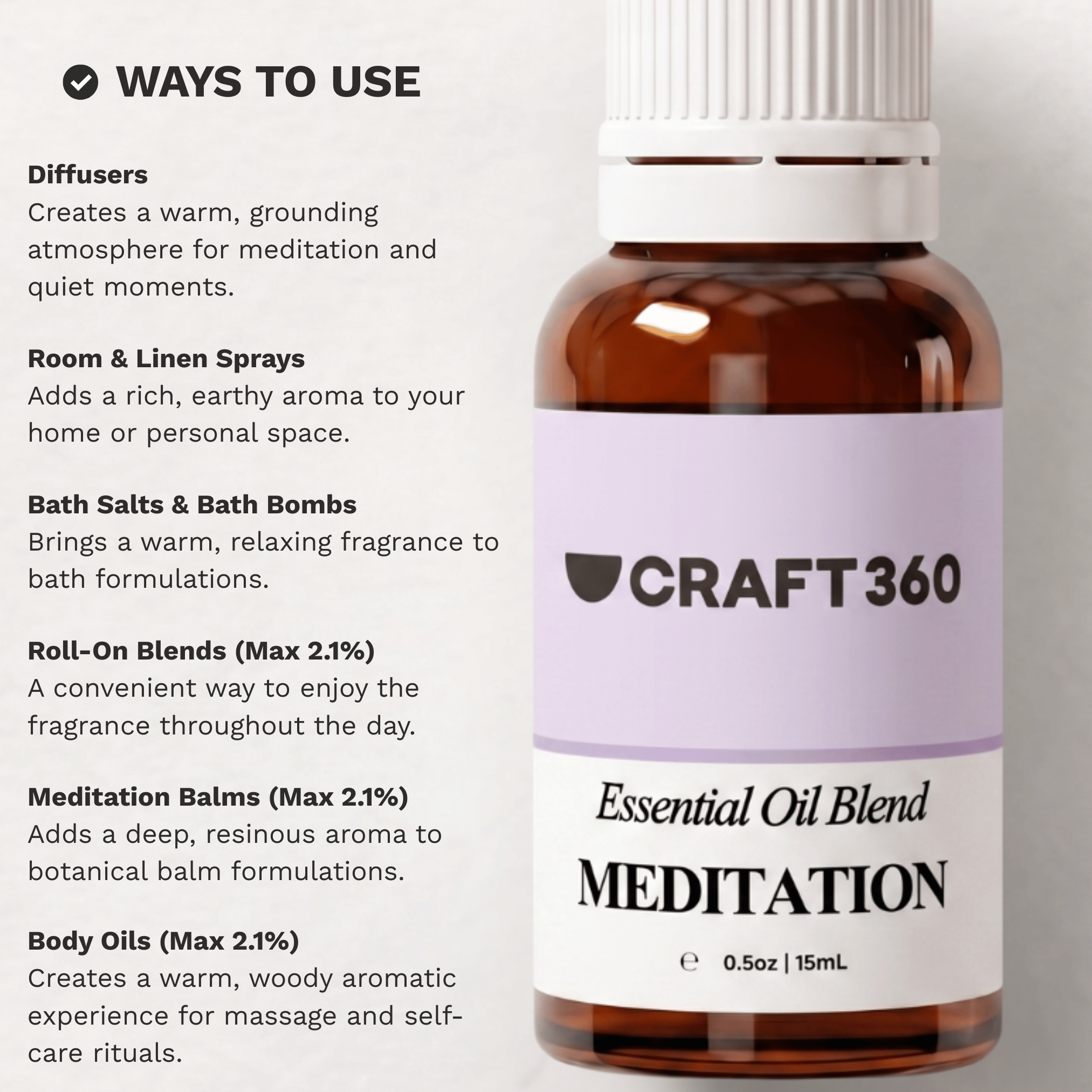 Infographic showing common ways to use the Meditation Essential Oil Blend in aromatherapy and mindfulness routines.