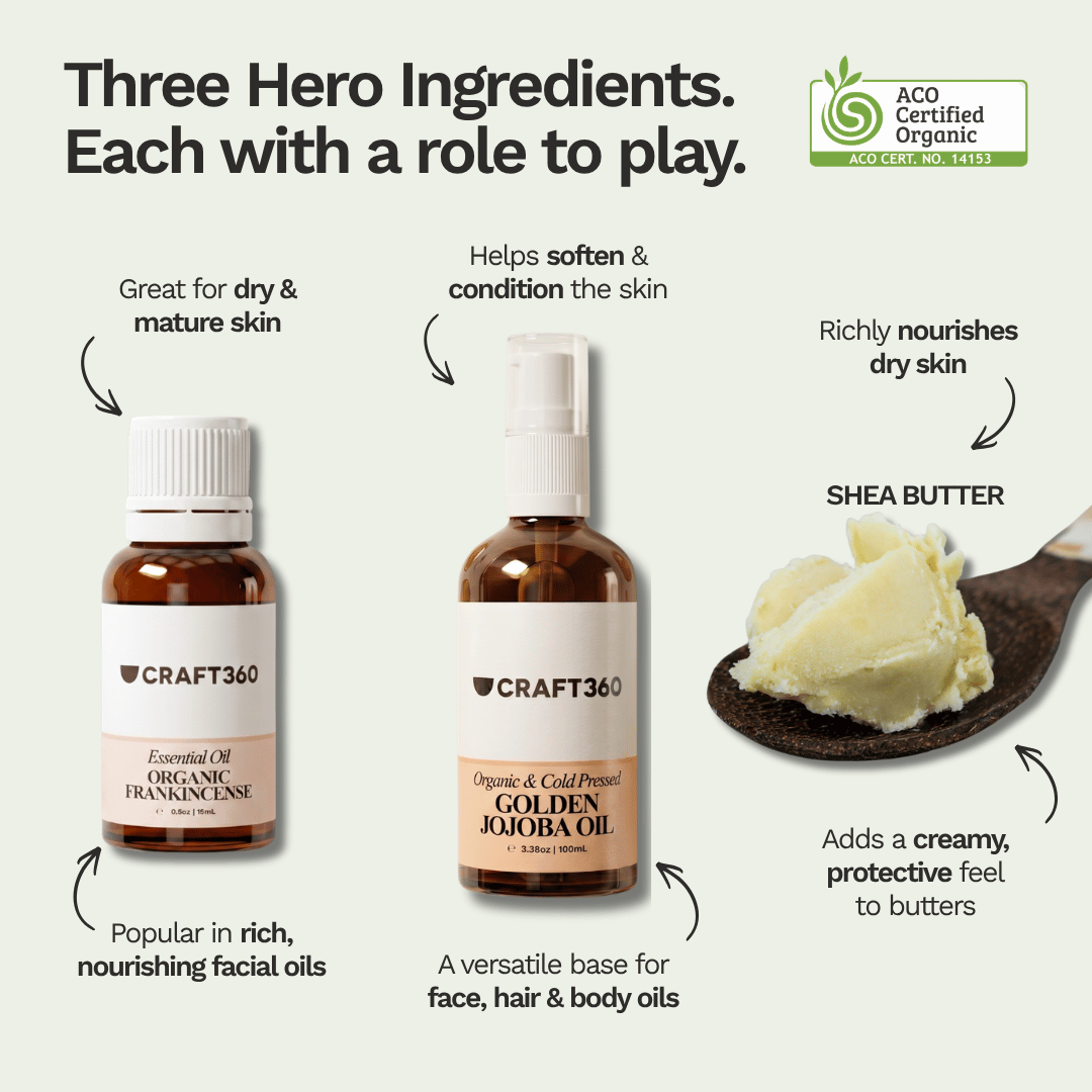 Frankincense essential oil, jojoba oil and shea butter with their uses and benefits in natural skincare formulations