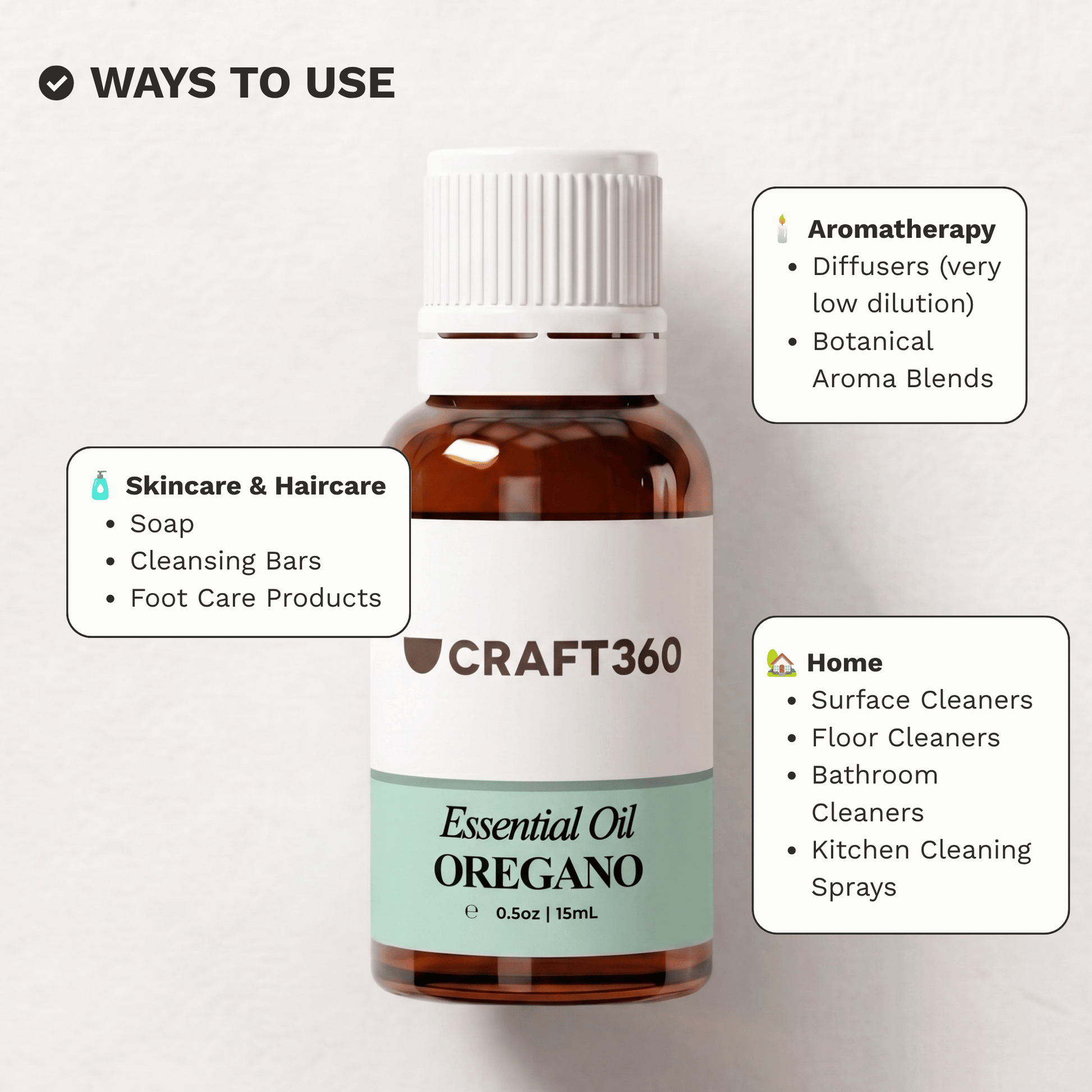 Infographic showing common ways to use Oregano Essential Oil in aromatherapy, cleaning and DIY formulations.