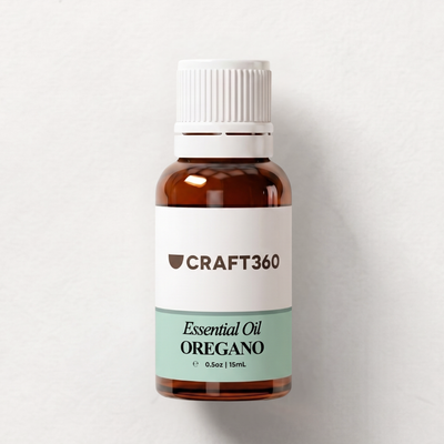 Bottle of Craft360 Oregano essential oil on a white background