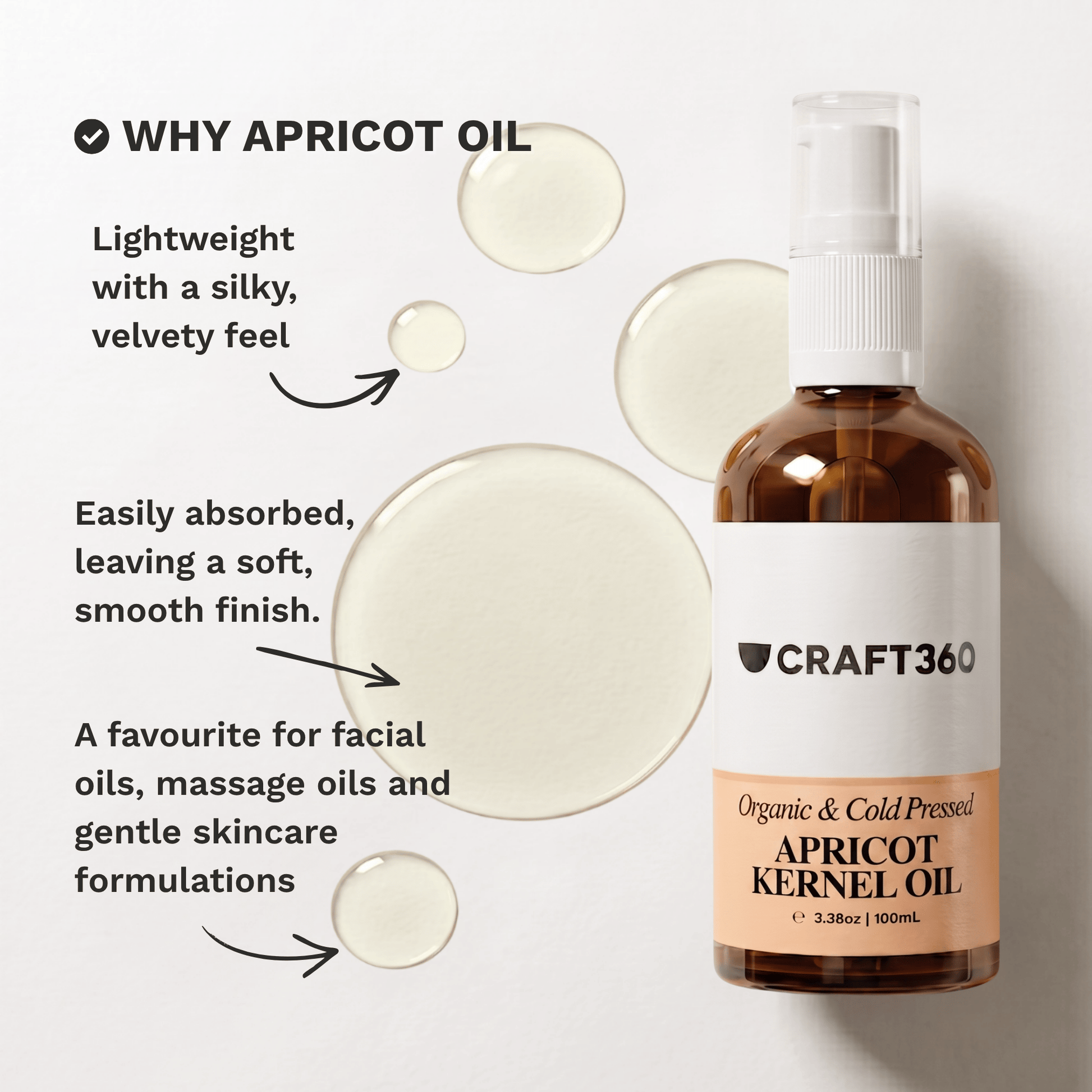 Infographic highlighting the lightweight feel and skincare benefits of Apricot Kernel Oil
