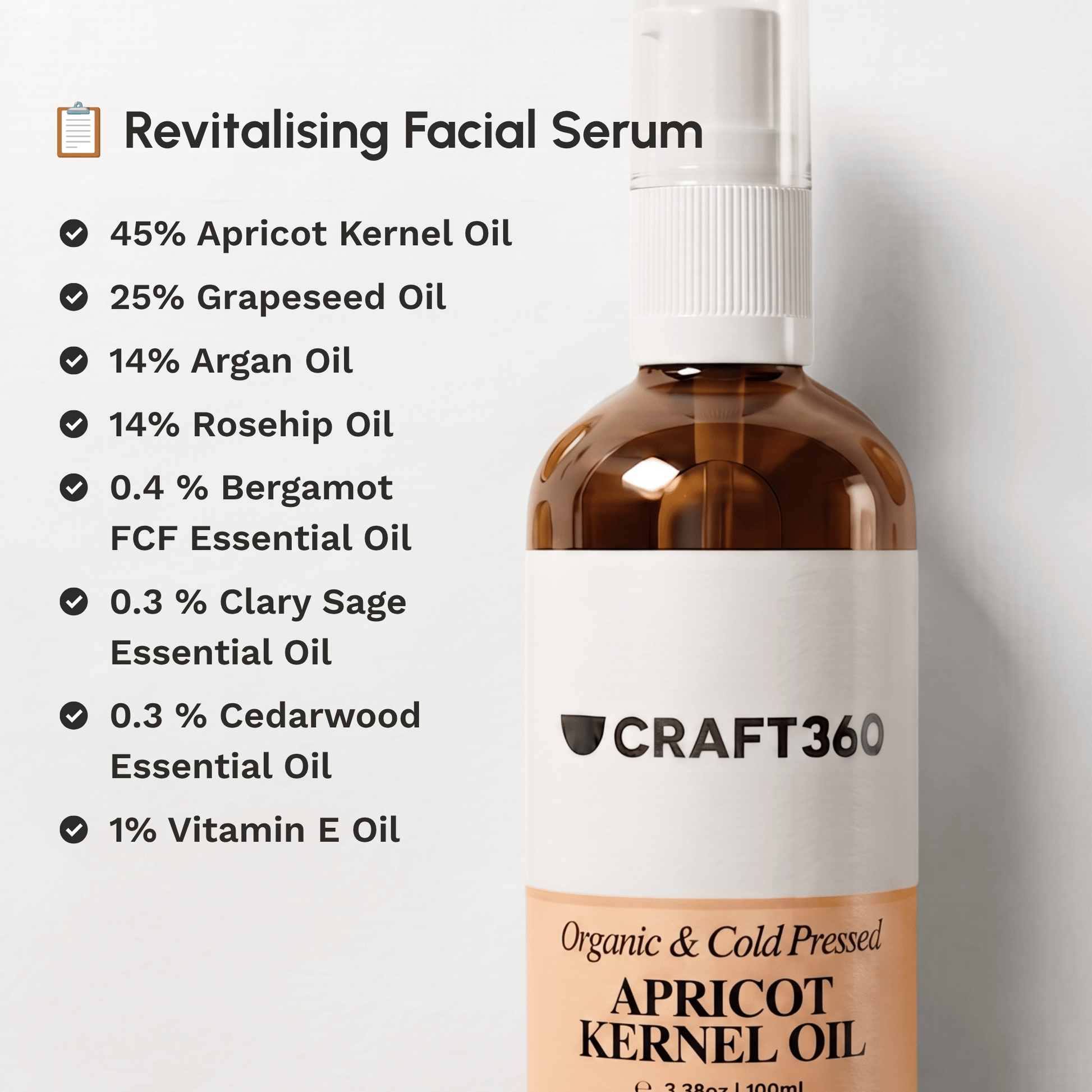 Revitalising facial serum recipe featuring Apricot Kernel Oil with complementary carrier and essential oils