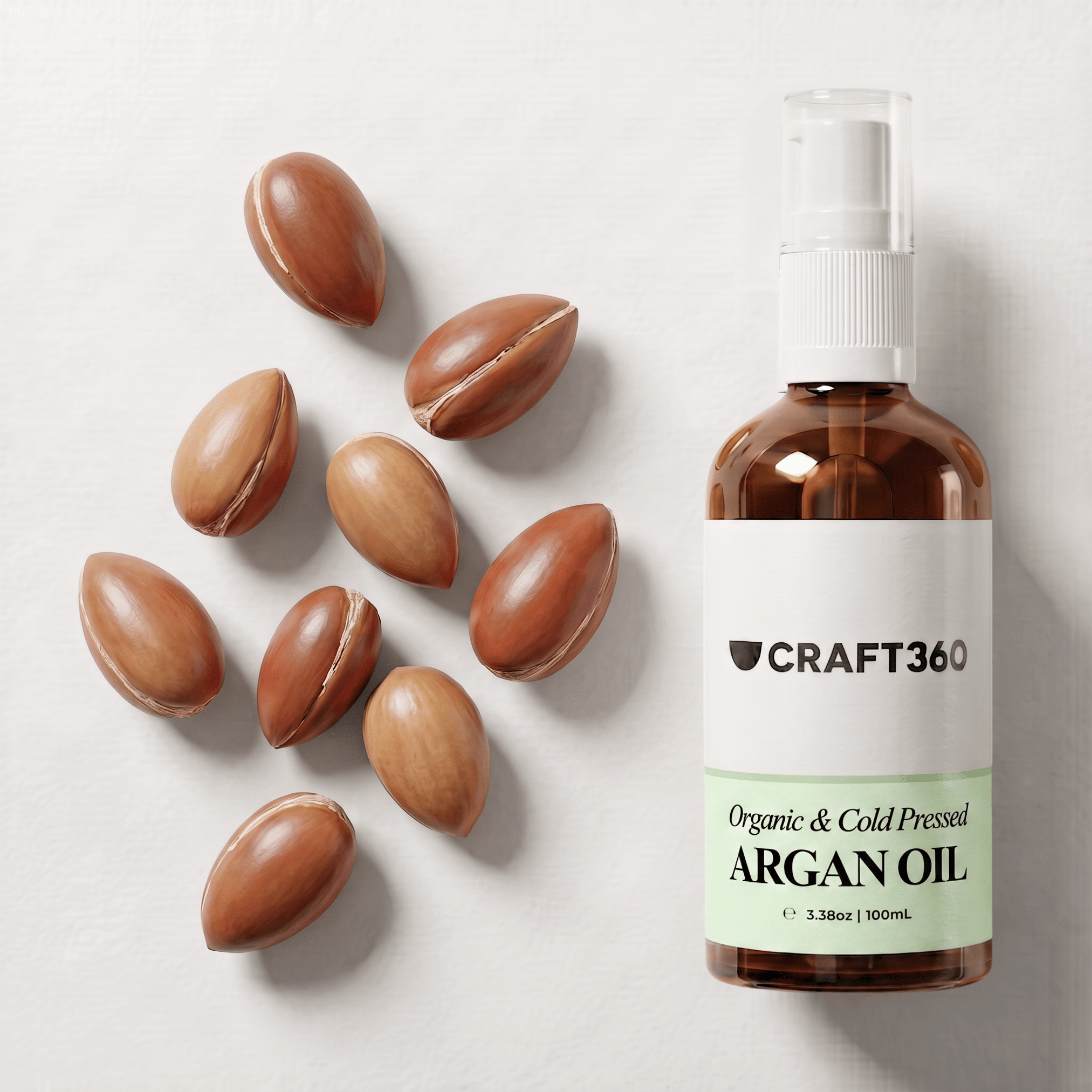 Certified Organic Argan Oil displayed alongside argan kernels showing its natural botanical source