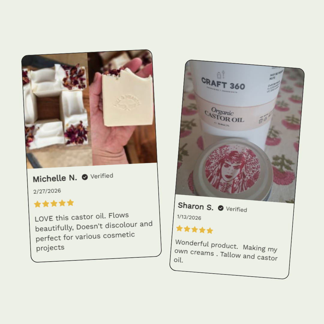 Two customer review cards for a castor oil product on a light gray background. The left card shows a hand holding a bar of soap made from the oil, and the right card shows two containers of Craft 360 Organic Castor Oil with customer comments below each photo.