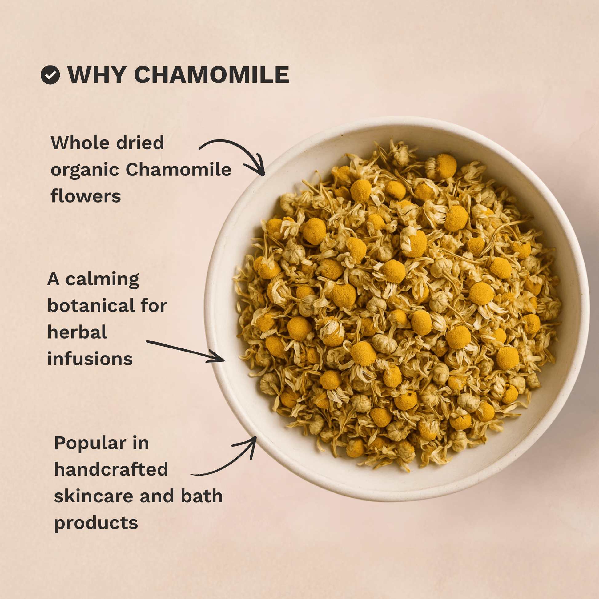 Infographic highlighting the key skincare and formulation benefits of Organic Dried Chamomile Flowers