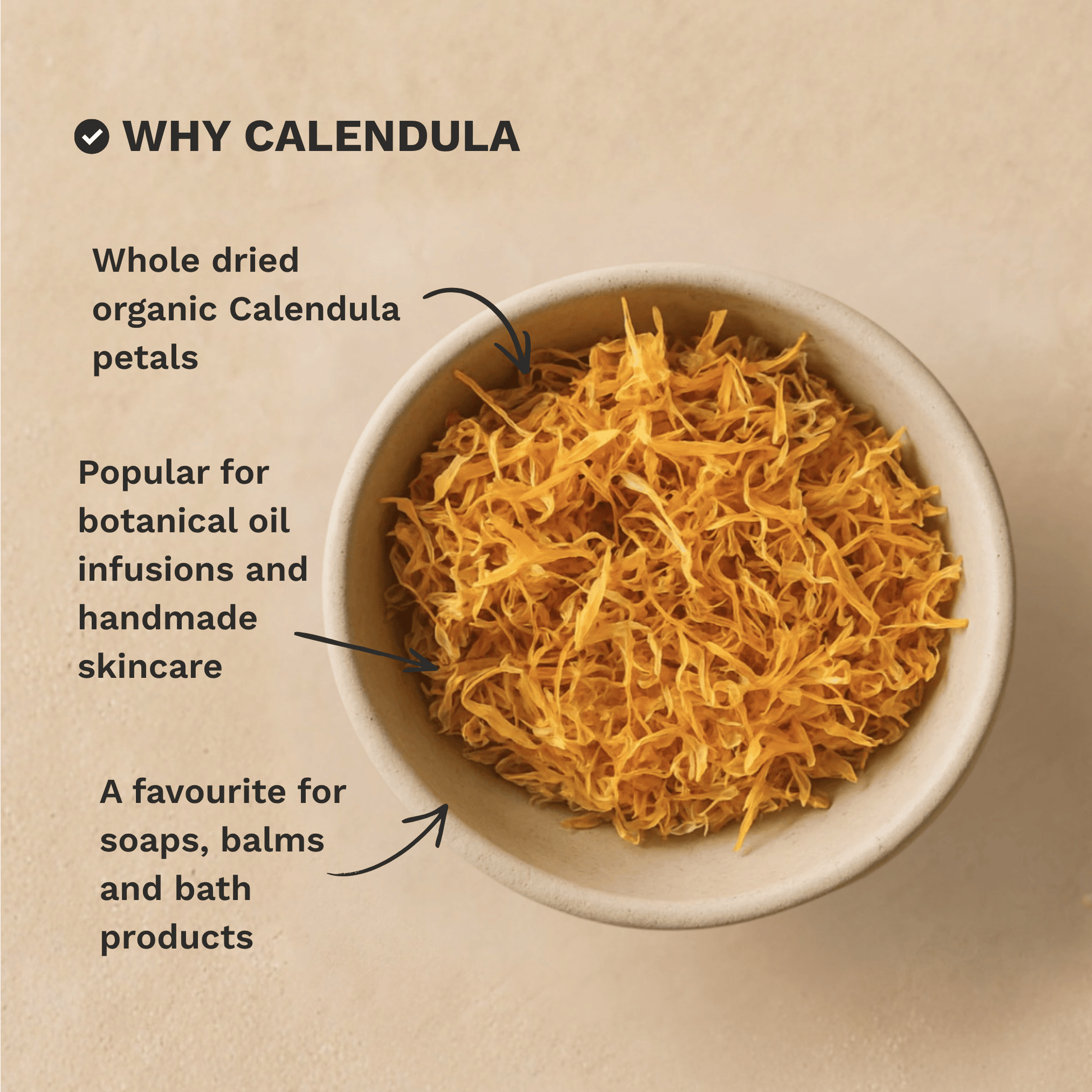 Infographic highlighting the key skincare and formulation benefits of Organic Dried Calendula Flowers