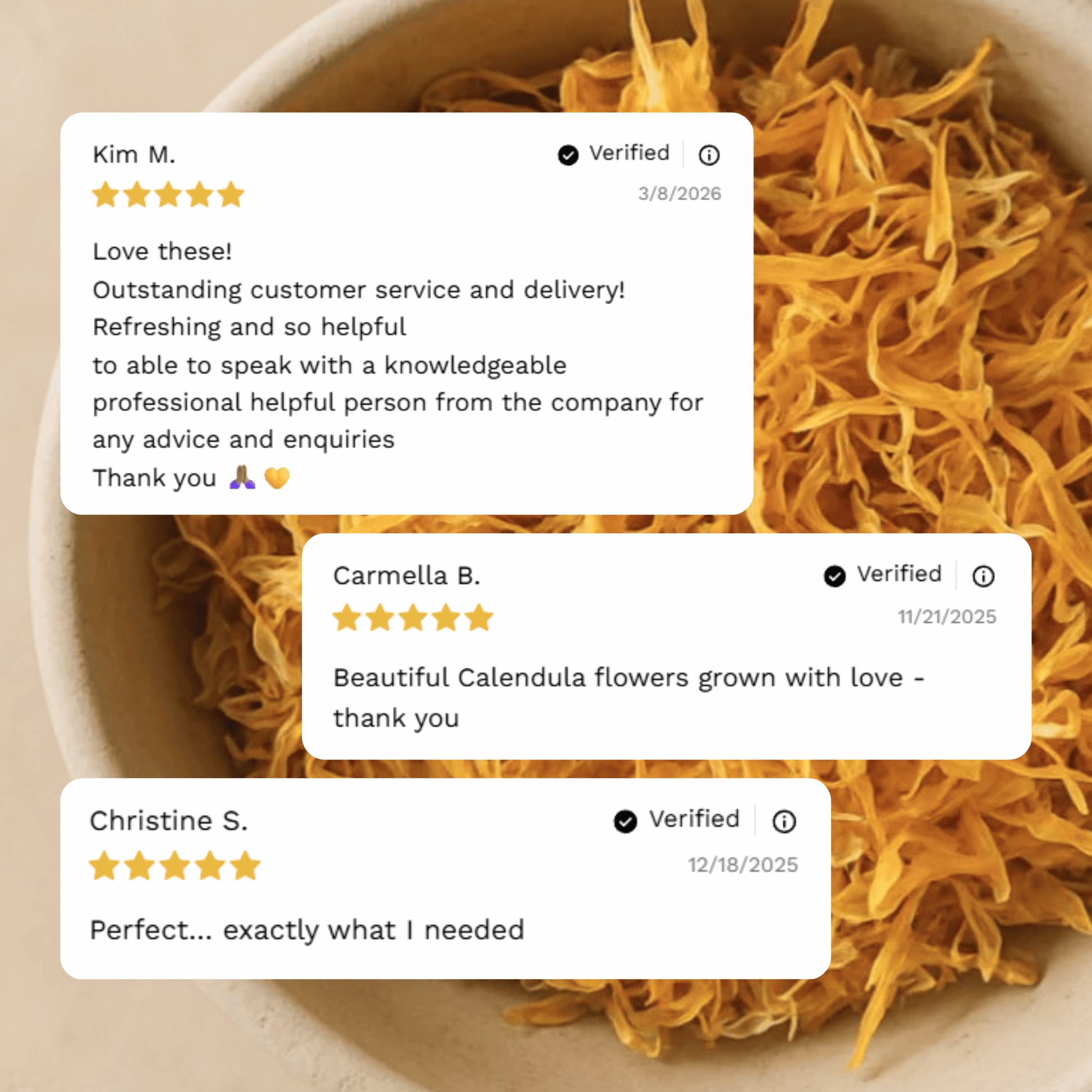 Customer reviews and testimonials for Organic Dried Calendula Flowers from Craft 360