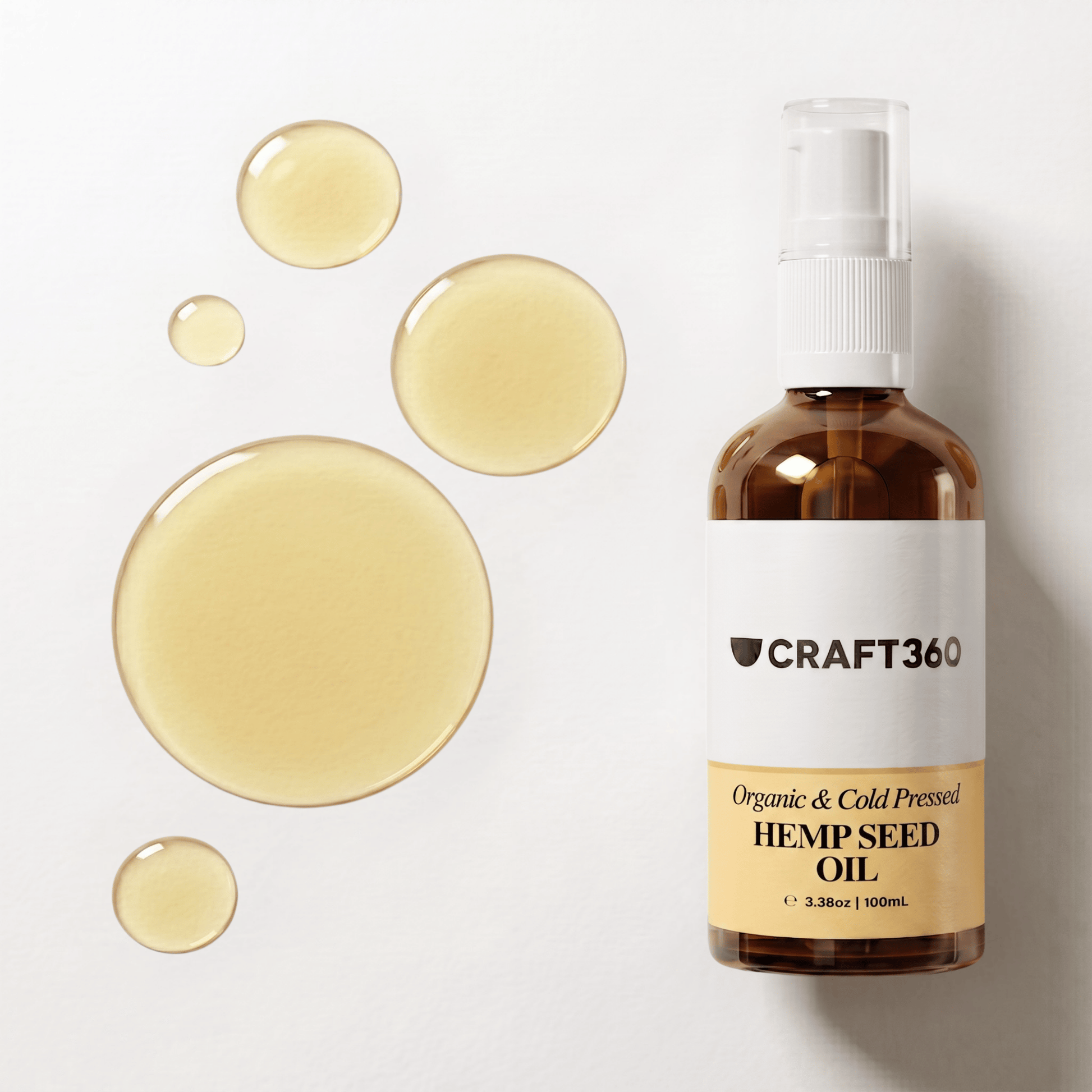 Organic Golden Hemp Seed Oil in a Craft 360 amber glass pump bottle