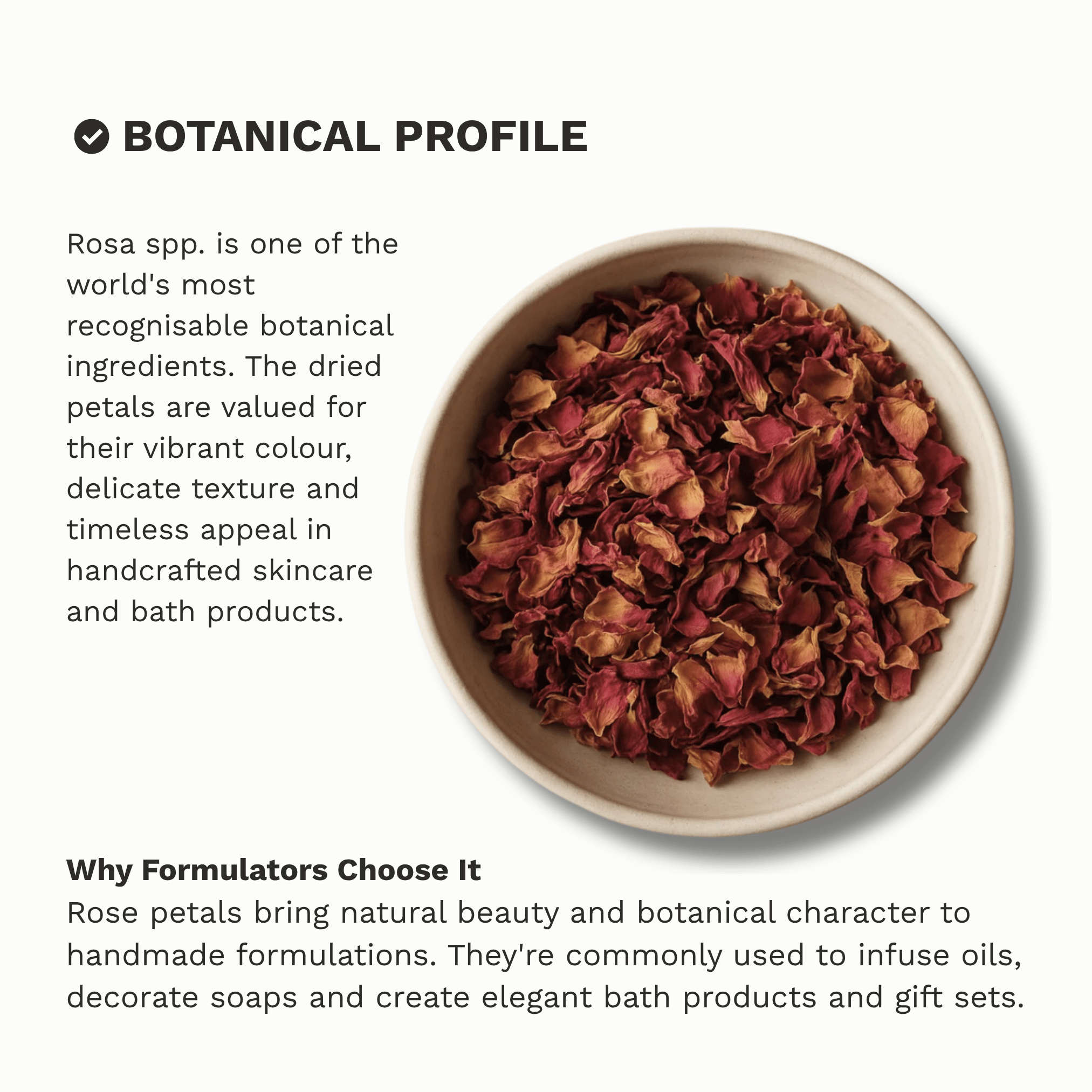Infographic outlining the key properties and characteristics of Organic Dried Red Rose Petals