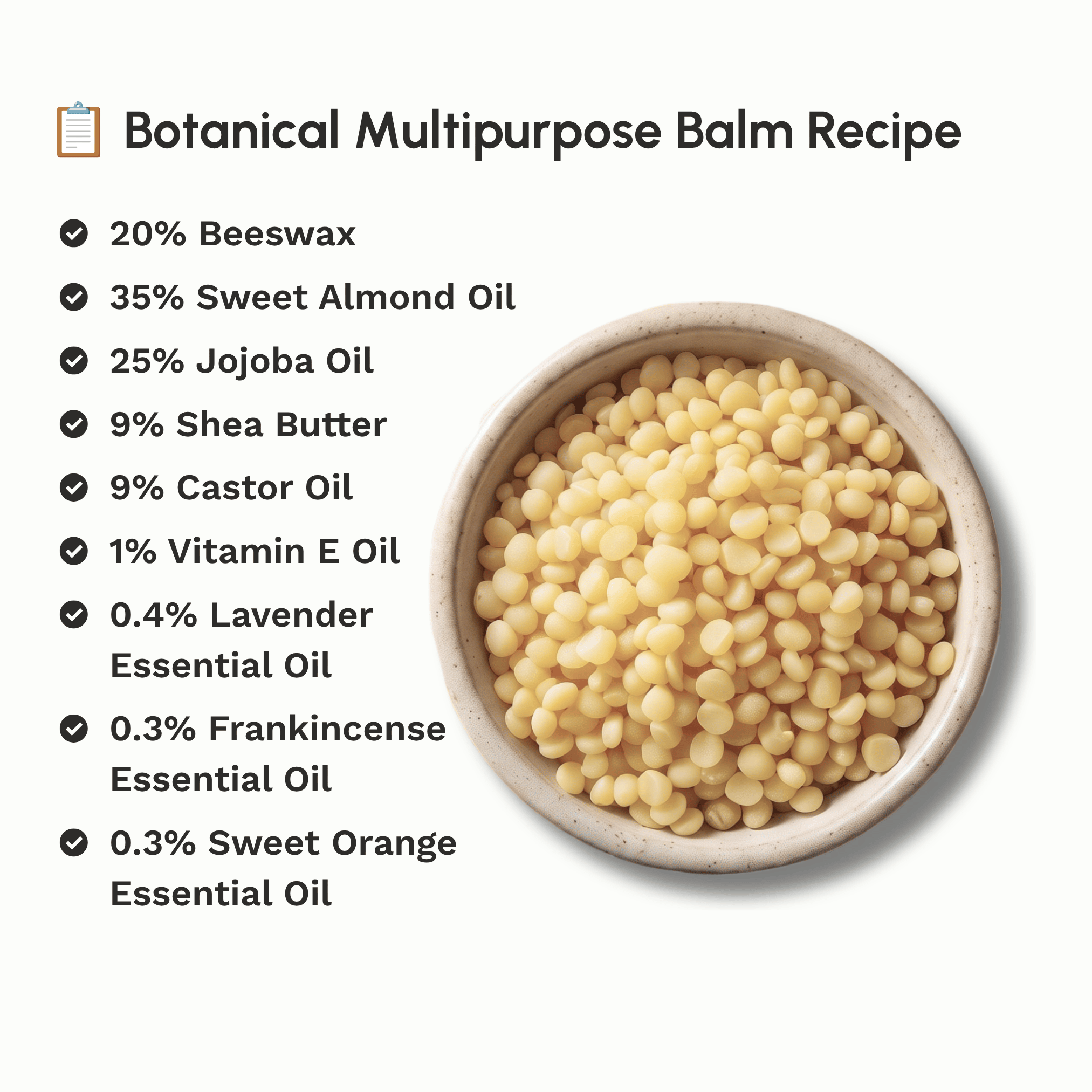 Botanical balm recipe featuring Organic White Beeswax Pellets with complementary natural skincare ingredients