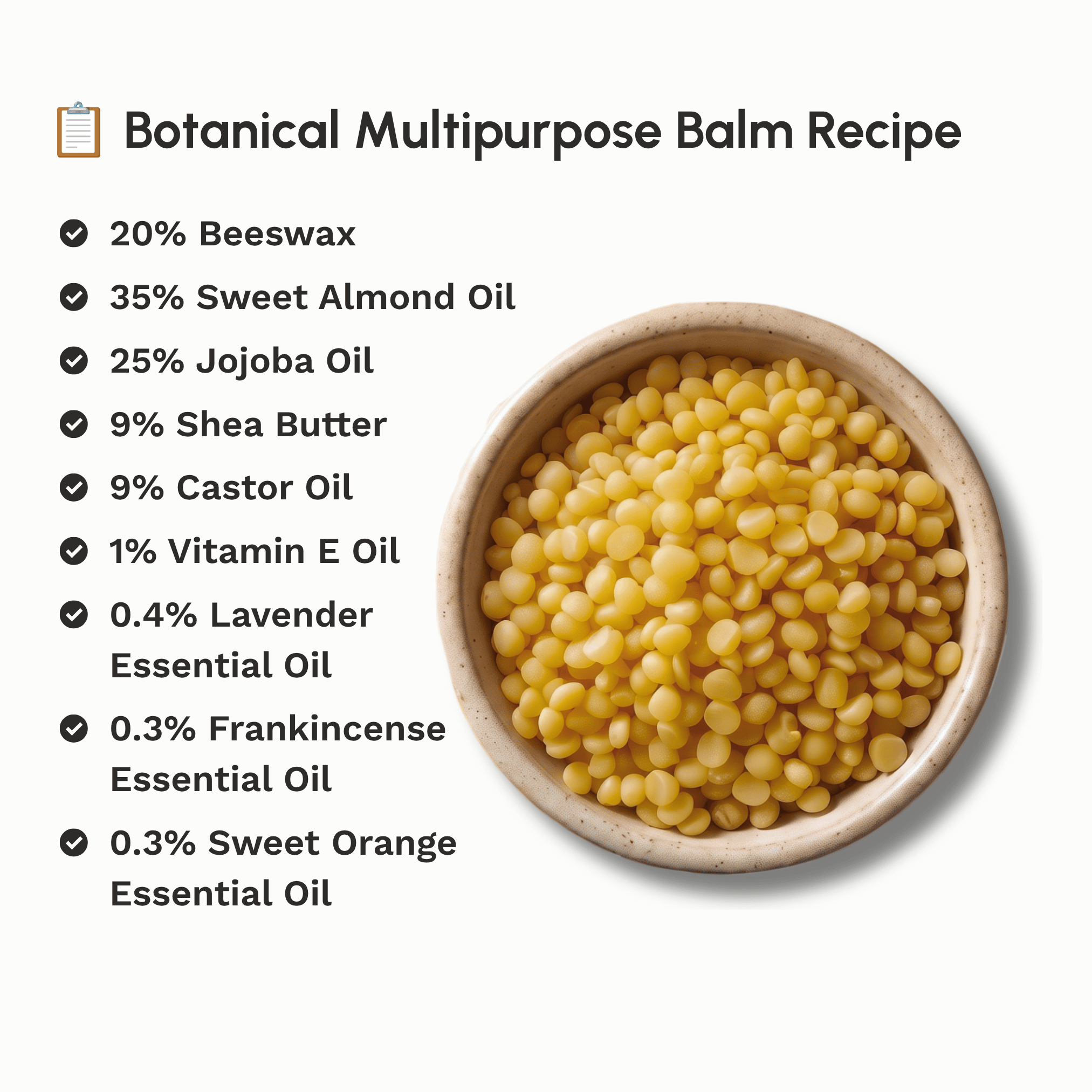 Botanical balm recipe featuring Organic Yellow Beeswax Pellets with complementary natural skincare ingredients