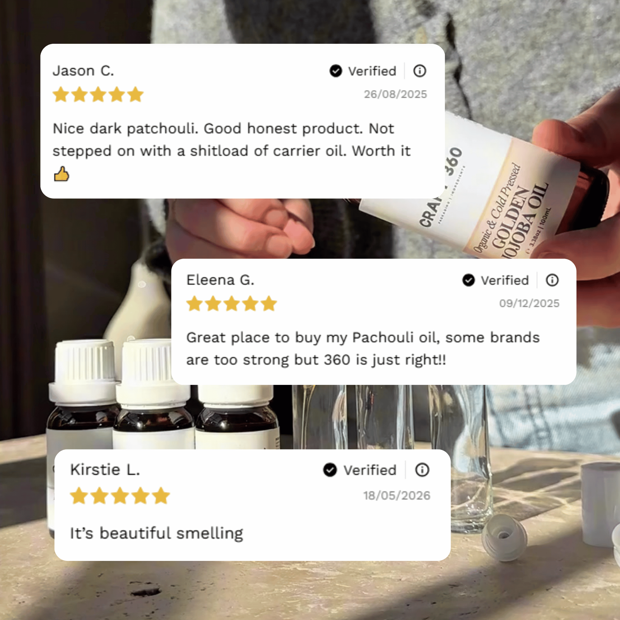 Customer reviews highlighting experiences with Craft 360's Patchouli Essential Oil.