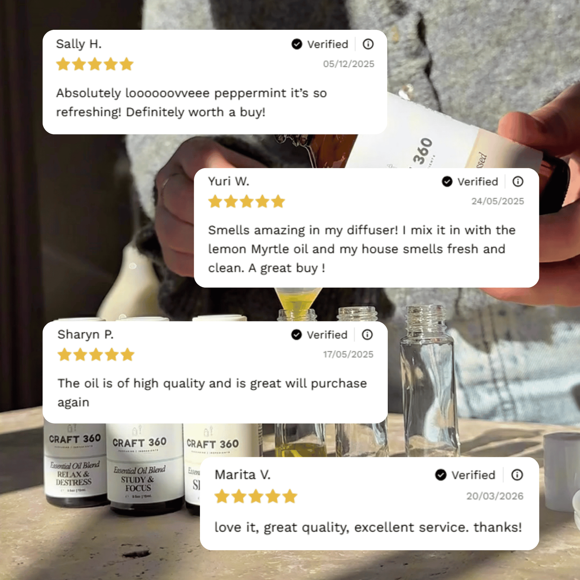 Customer reviews highlighting experiences with Craft 360's Peppermint Essential Oil.