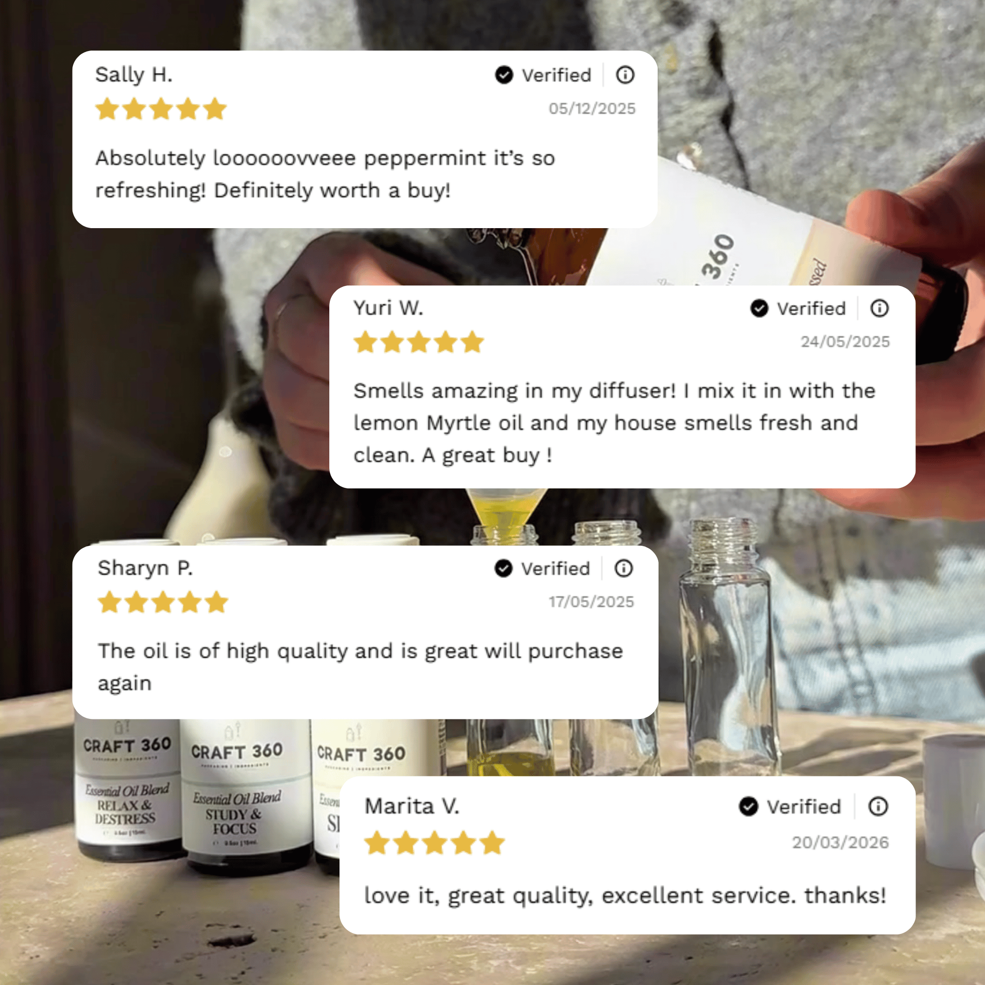 Customer reviews highlighting experiences with Craft 360's Peppermint Essential Oil.