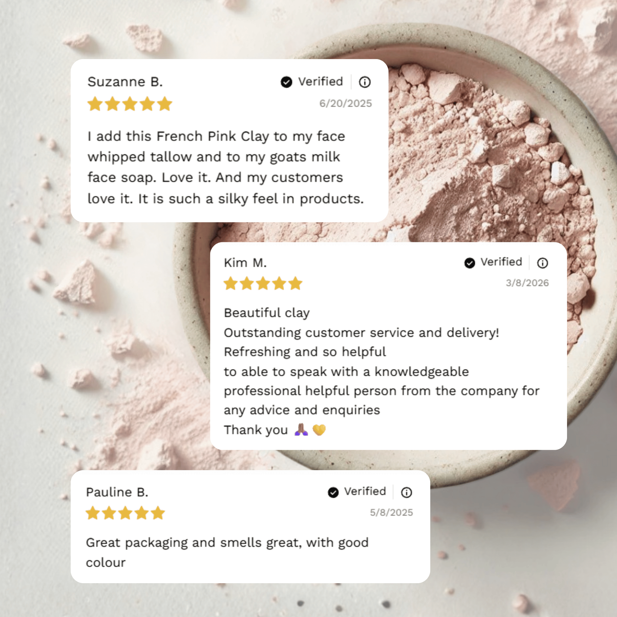 Customer reviews highlighting experiences with Craft 360's Pink French Clay.