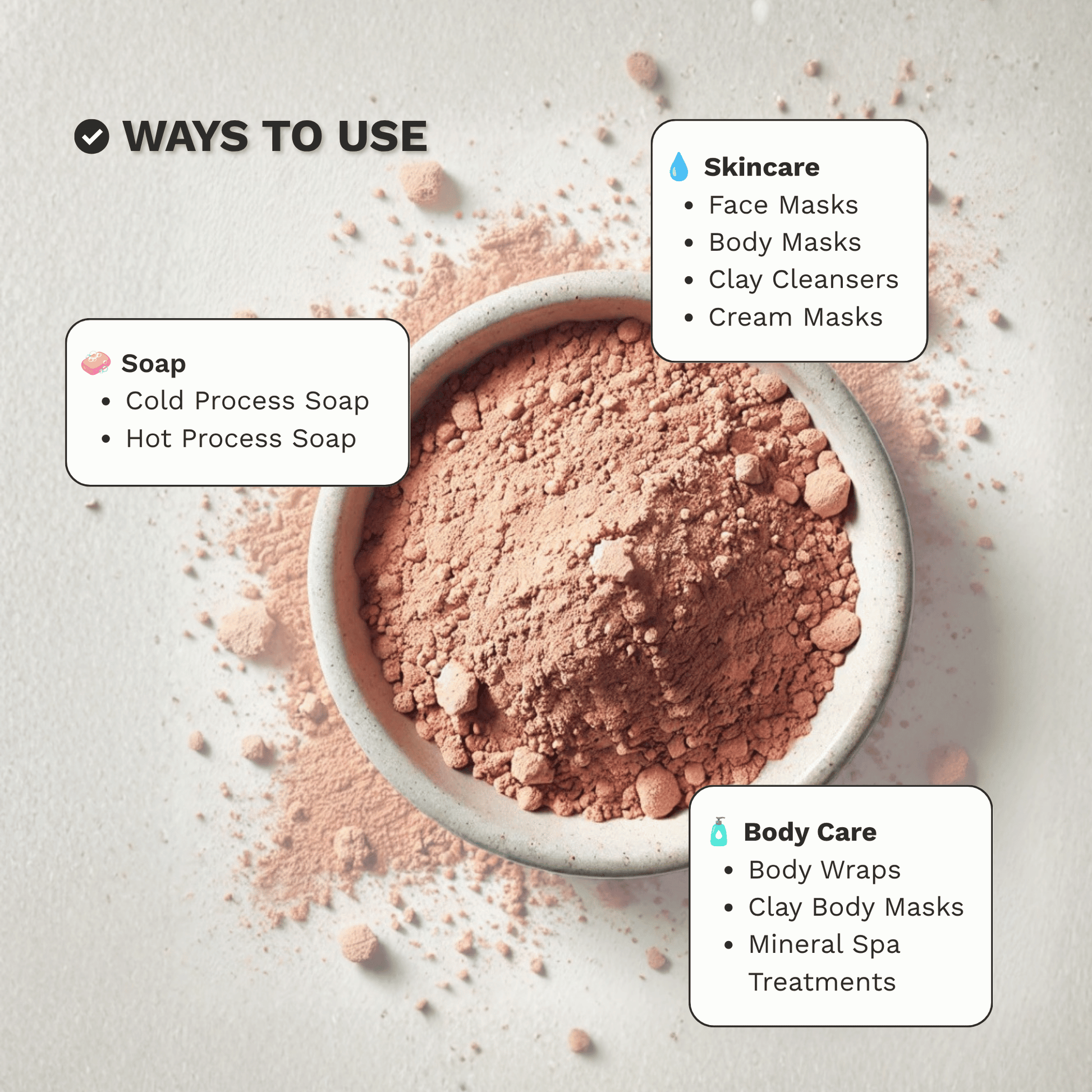 Infographic showing common skincare, face mask and body care uses for Red French Clay