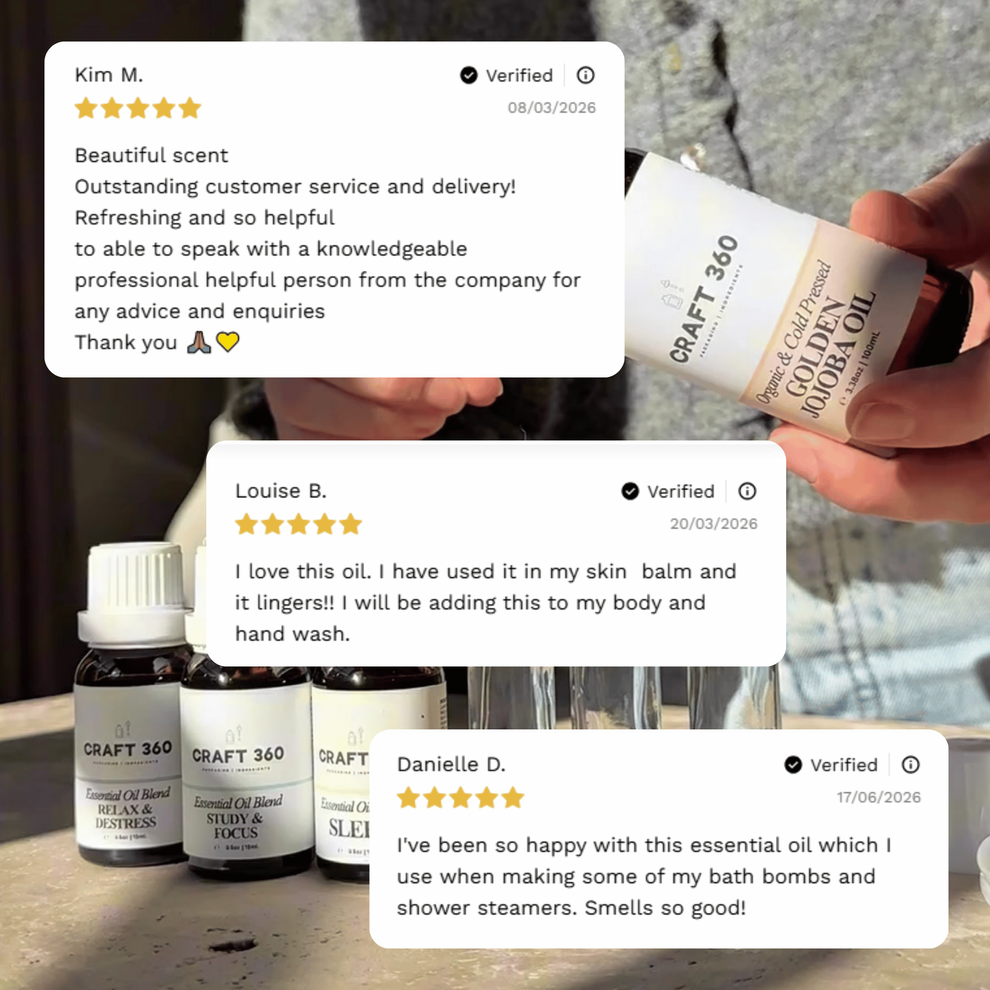 Customer reviews highlighting experiences with Craft 360's Rose Geranium Essential Oil.