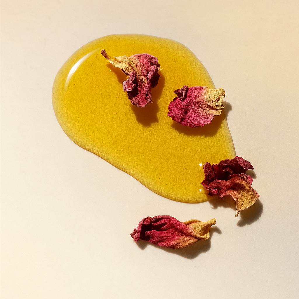 Golden Jojoba Oil on a surface with dried rose petals