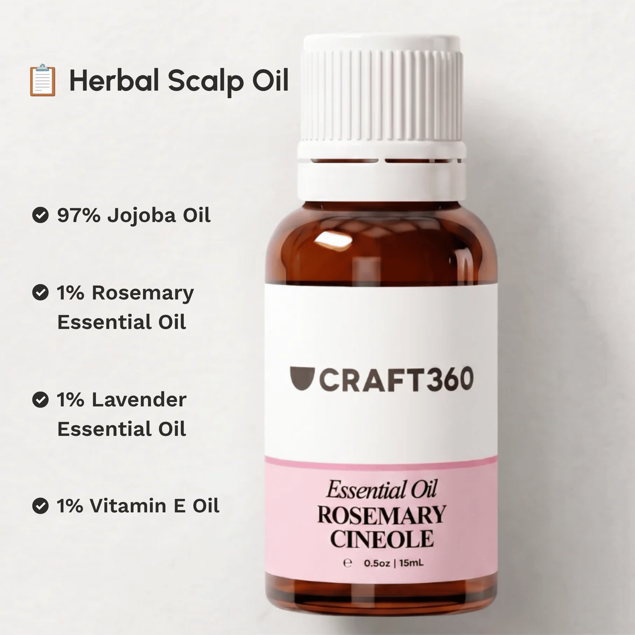Infographic showing the ingredients used to make a Herbal Scalp Oil with Jojoba Oil, Rosemary Essential Oil, Lavender Essential Oil and Vitamin E Oil.