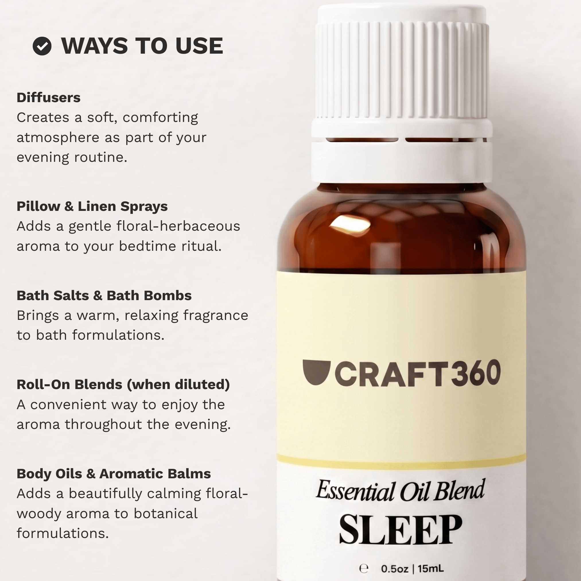 Infographic showing common ways to use the Sleep Essential Oil Blend in aromatherapy and evening routines.