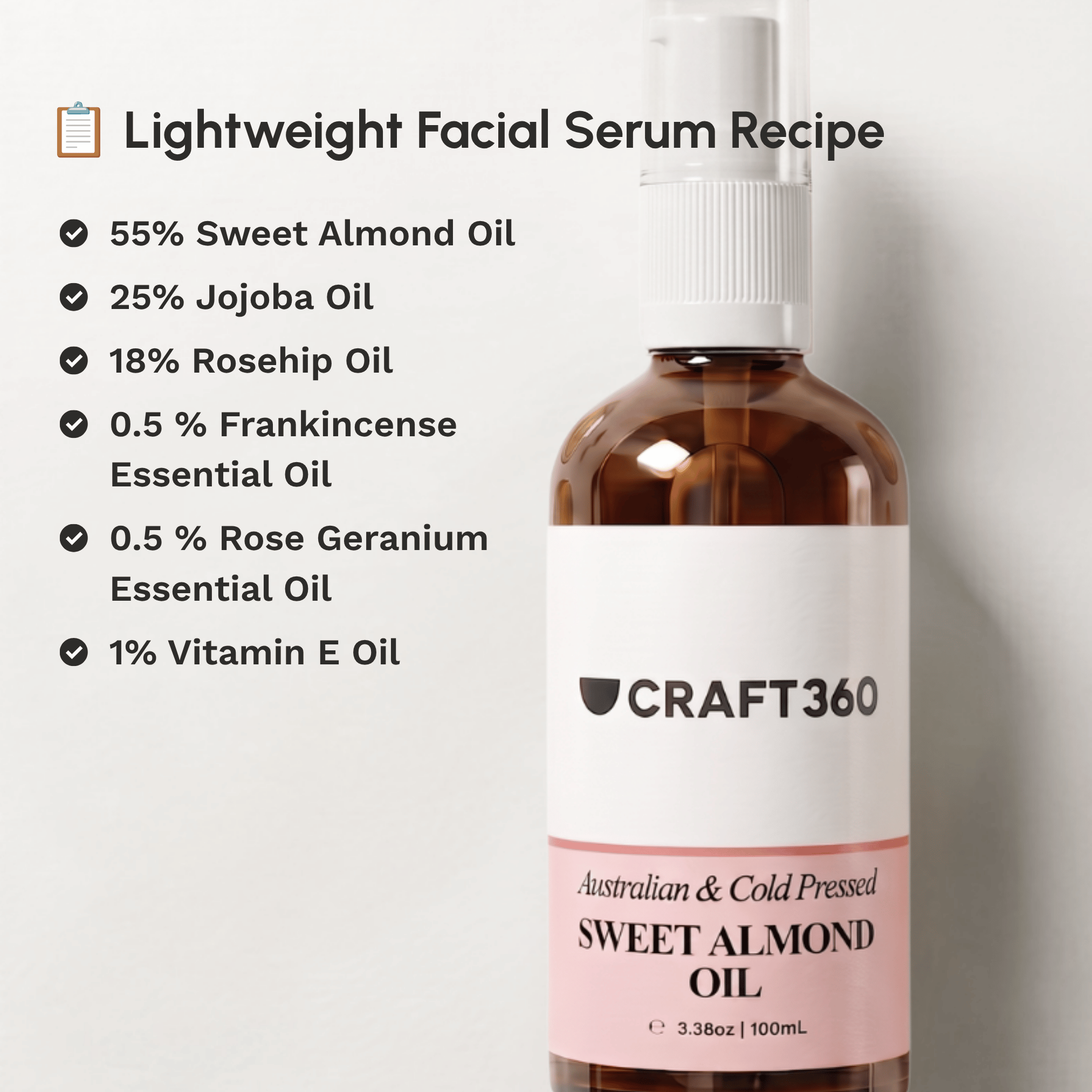 Lightweight facial serum recipe featuring Australian Sweet Almond Oil with complementary natural oils