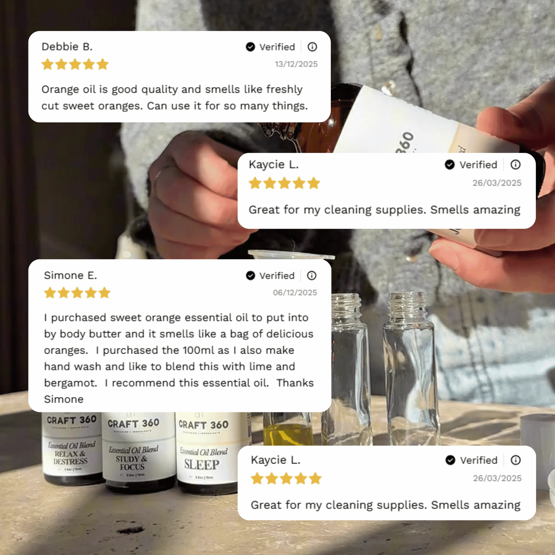 Customer reviews highlighting experiences with Craft 360's Sweet Orange Essential Oil.