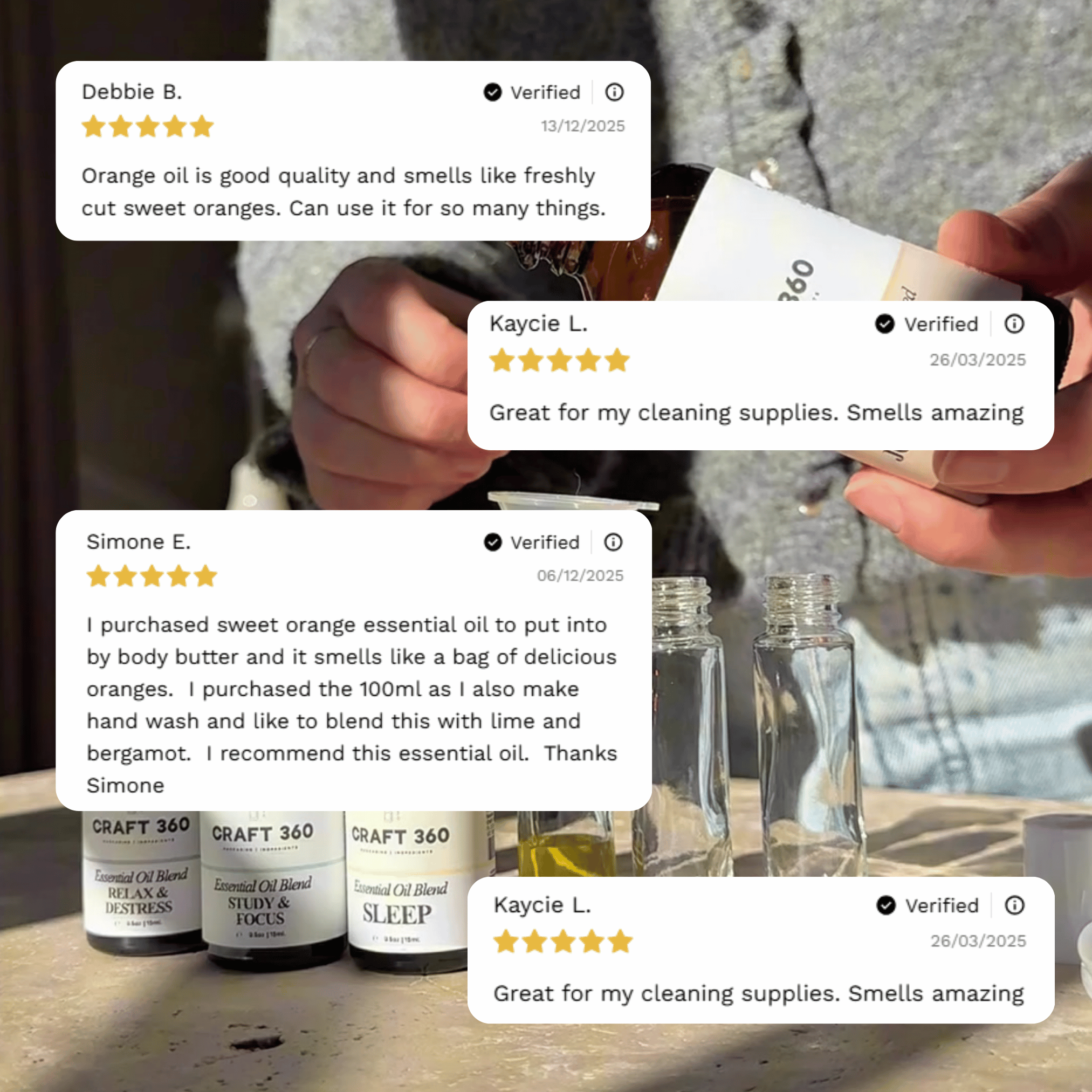 Customer reviews highlighting experiences with Craft 360's Sweet Orange Essential Oil.