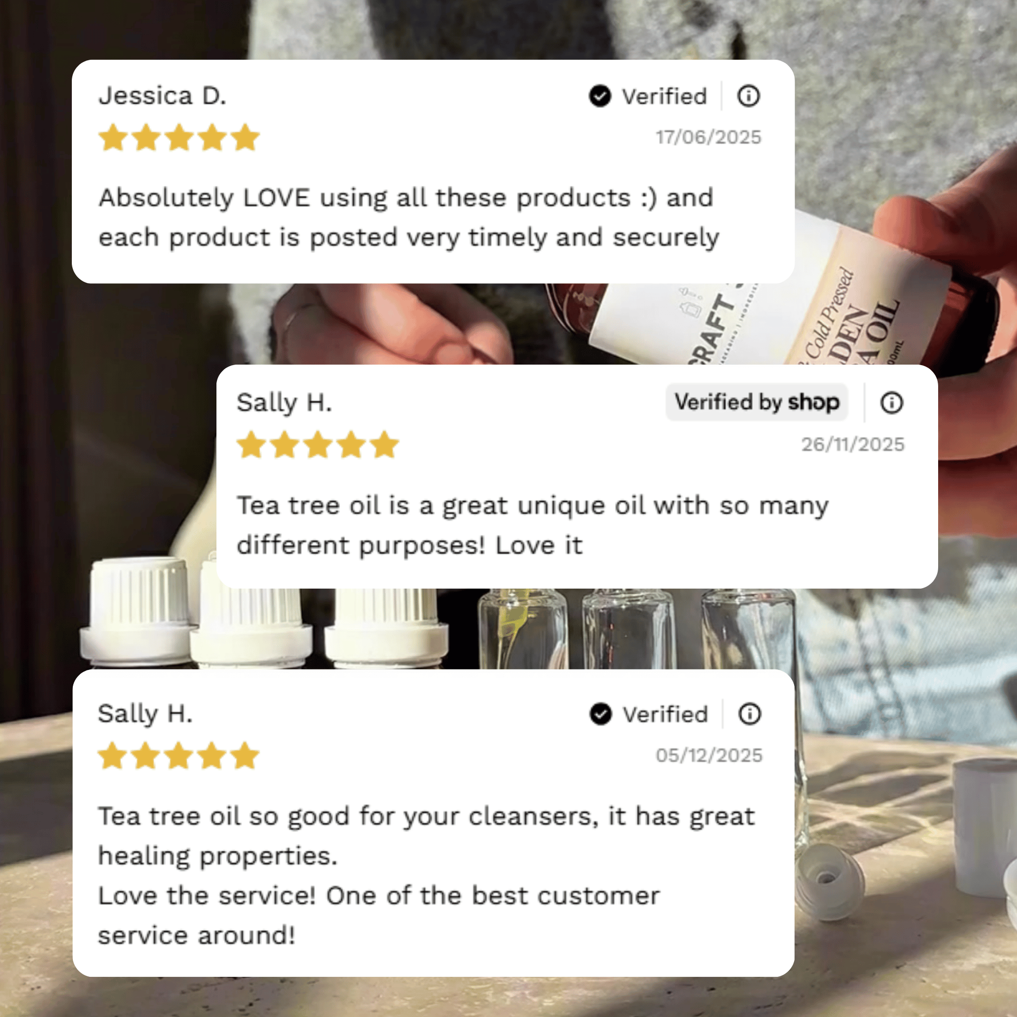 Customer reviews highlighting experiences with Craft 360's Tea Tree Essential Oil.