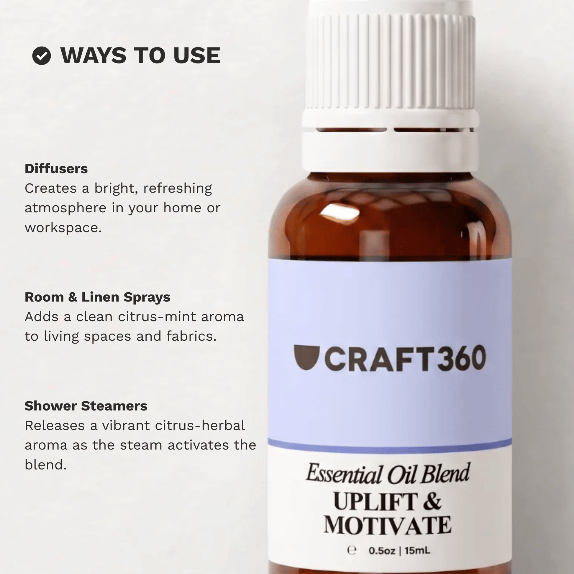 Infographic showing common ways to use the Uplift & Motivate Essential Oil Blend in aromatherapy and daily routines.