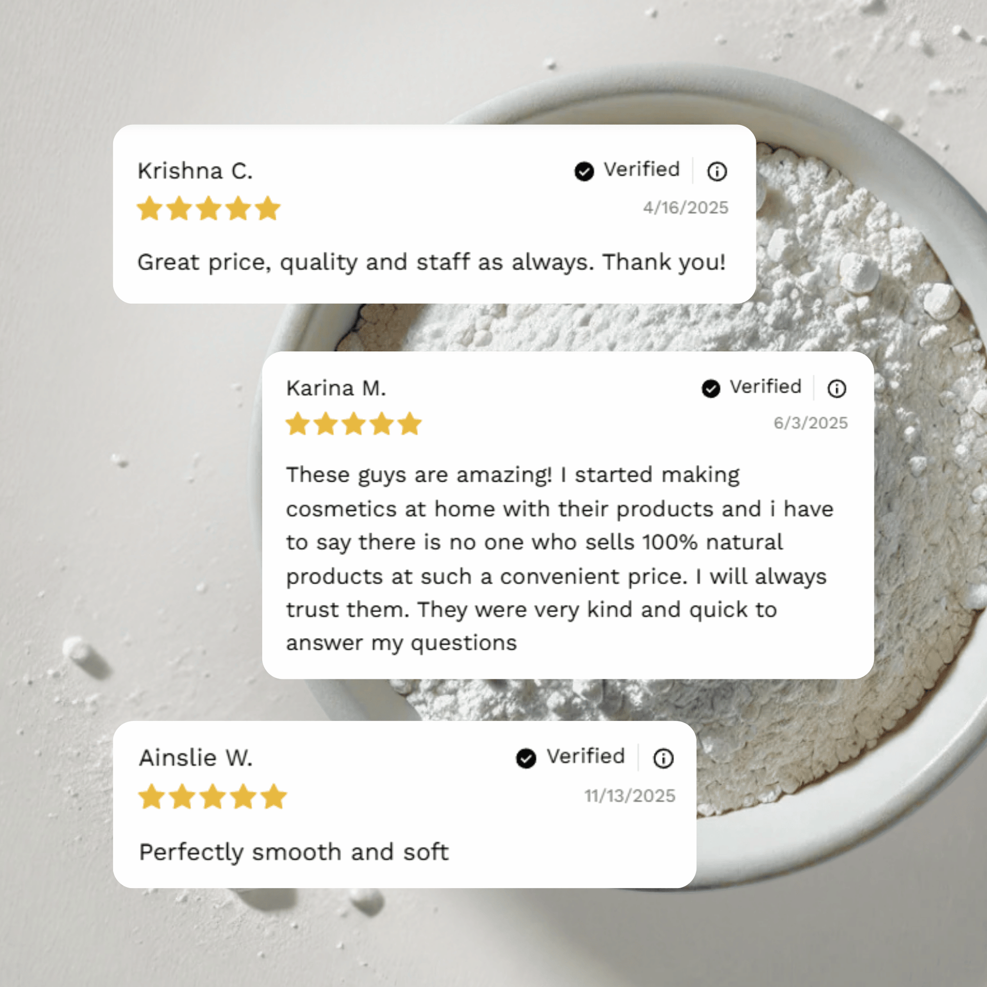 Customer reviews highlighting experiences with Craft 360's White Kaolin Clay.