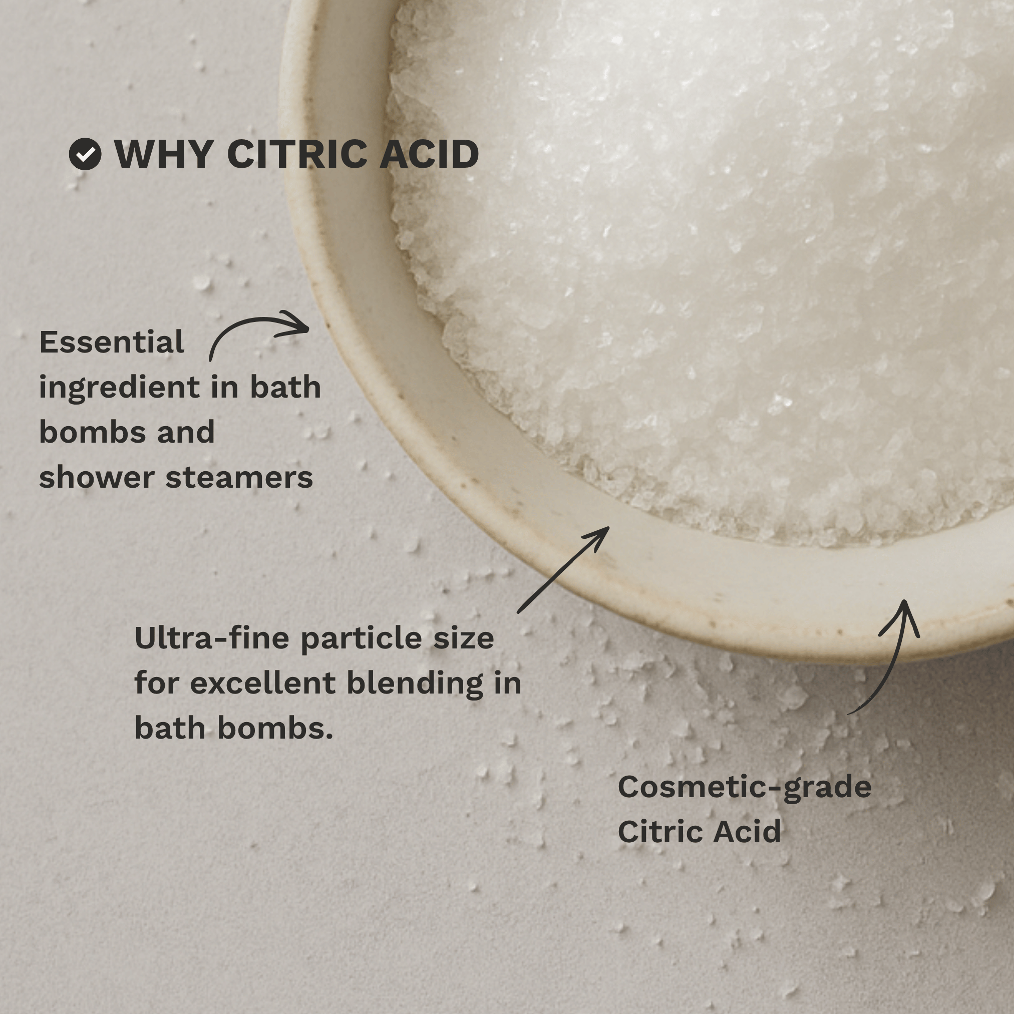 Infographic explaining why Citric Acid is a popular choice for bath bombs, cleaning and DIY formulations.