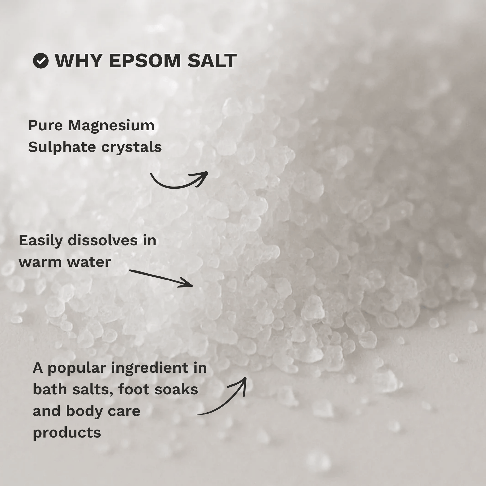 Infographic highlighting the key characteristics and common uses of Epsom Salt Magnesium Sulphate