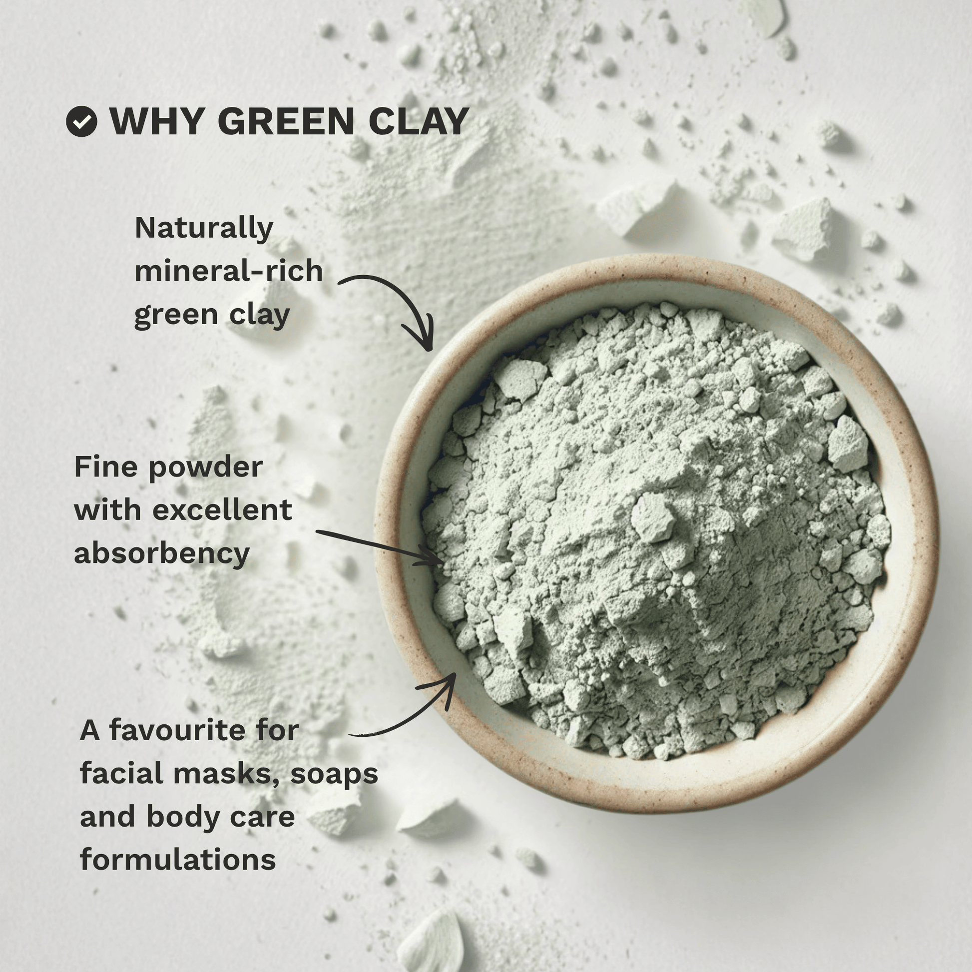 Infographic explaining why Green French Clay is a popular choice for face masks, skincare and DIY formulations.