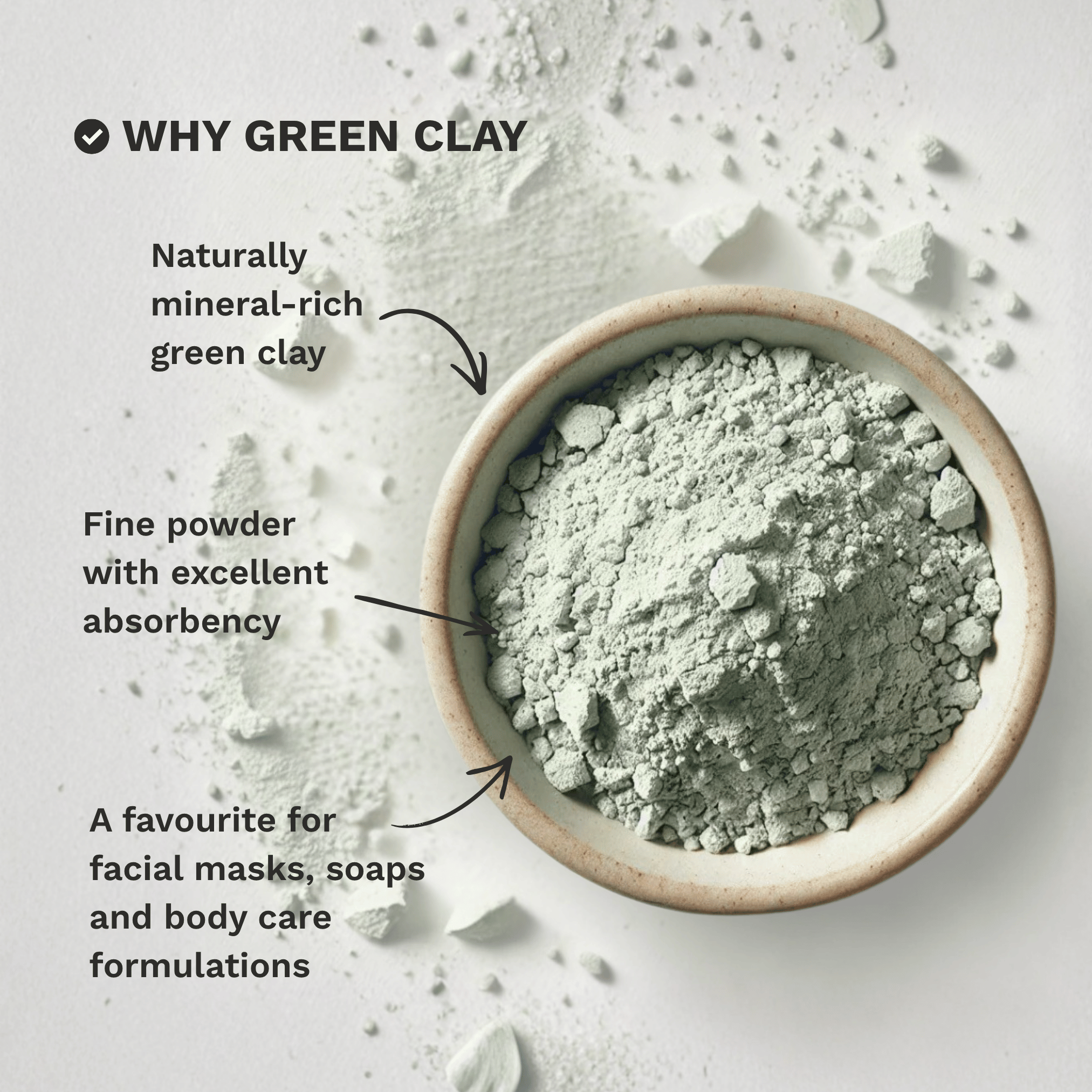 Infographic explaining why Green French Clay is a popular choice for face masks, skincare and DIY formulations.