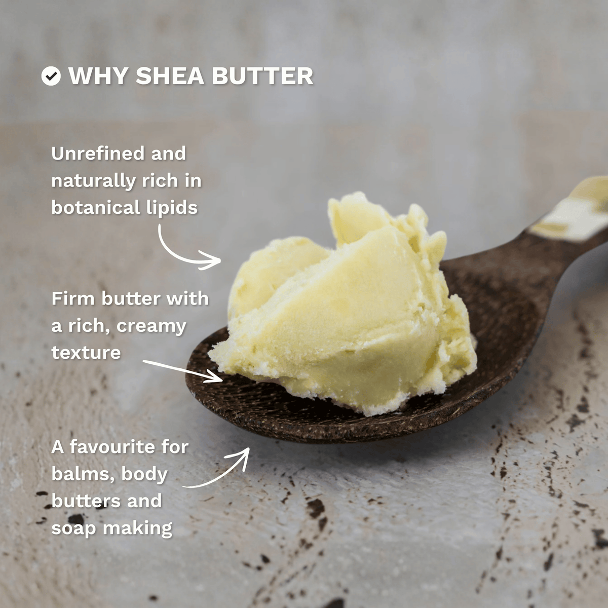 Infographic explaining why Organic Shea Butter is a popular choice for skincare, body care and DIY formulations.