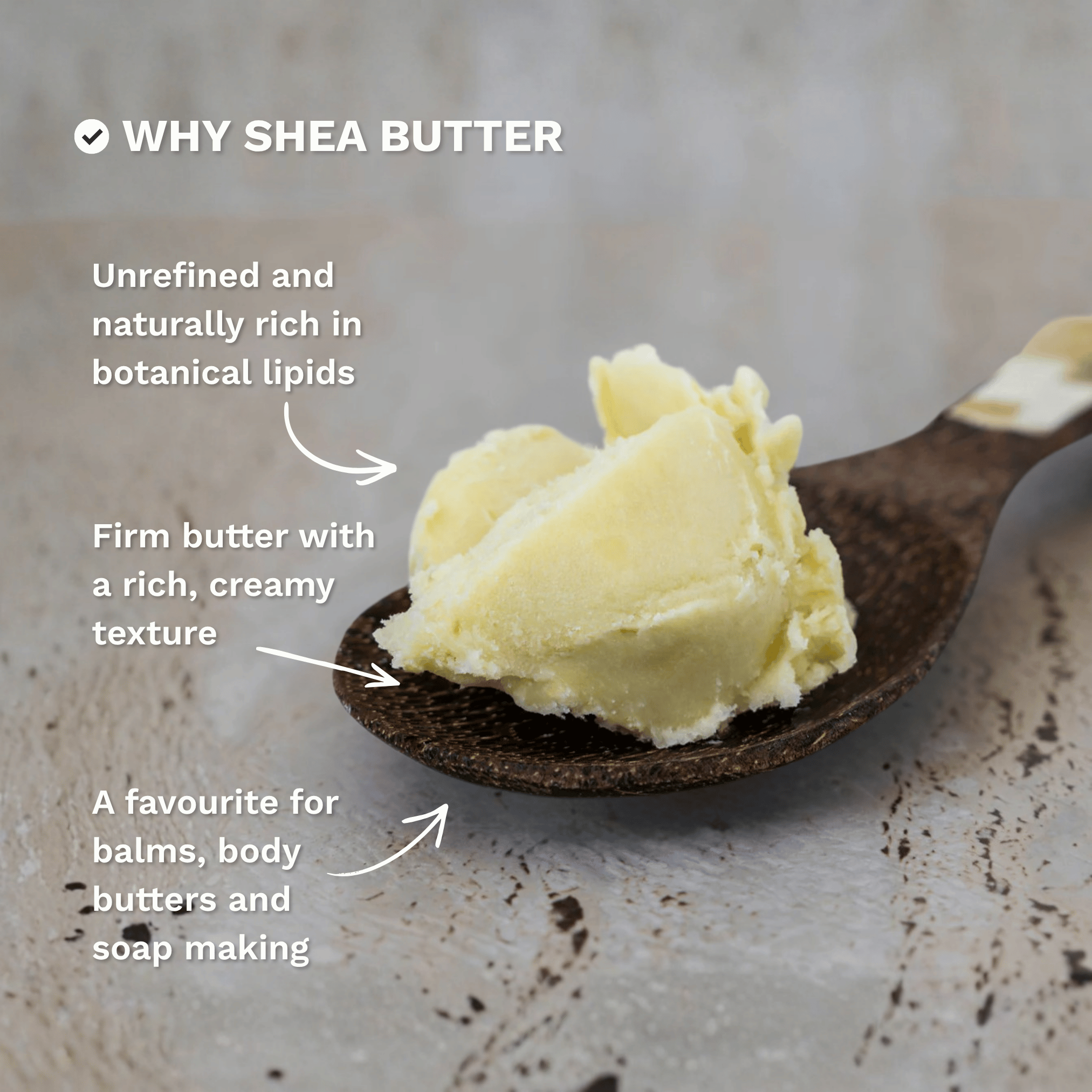 Infographic explaining why Organic Shea Butter is a popular choice for skincare, body care and DIY formulations.
