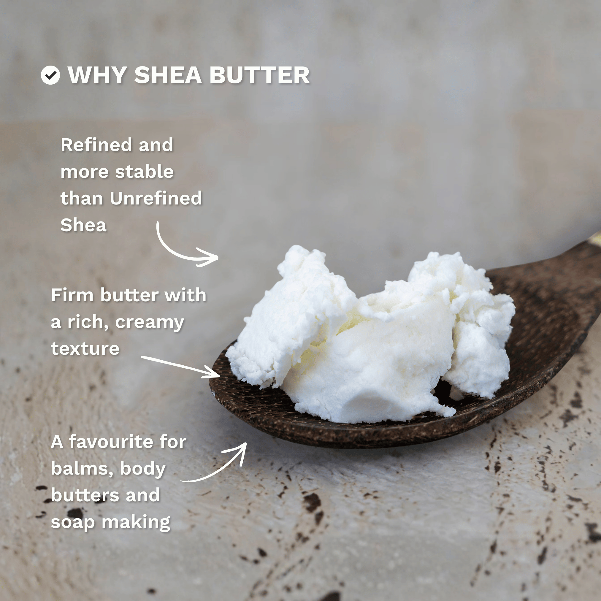 Infographic explaining why Refined Organic Shea Butter is a popular choice for skincare, body care and DIY formulations.