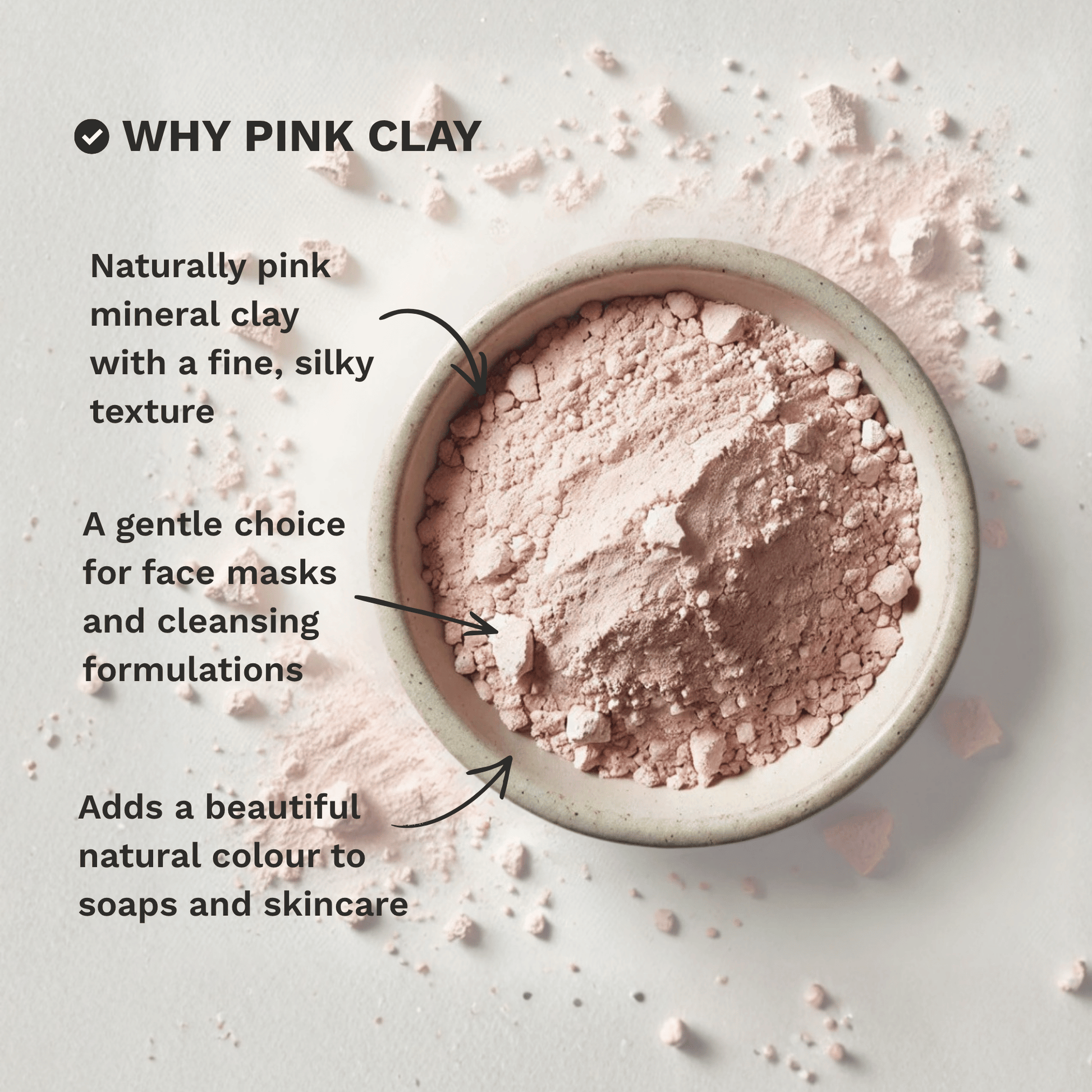 Infographic explaining why Pink French Clay is a popular choice for face masks, skincare and DIY formulations.