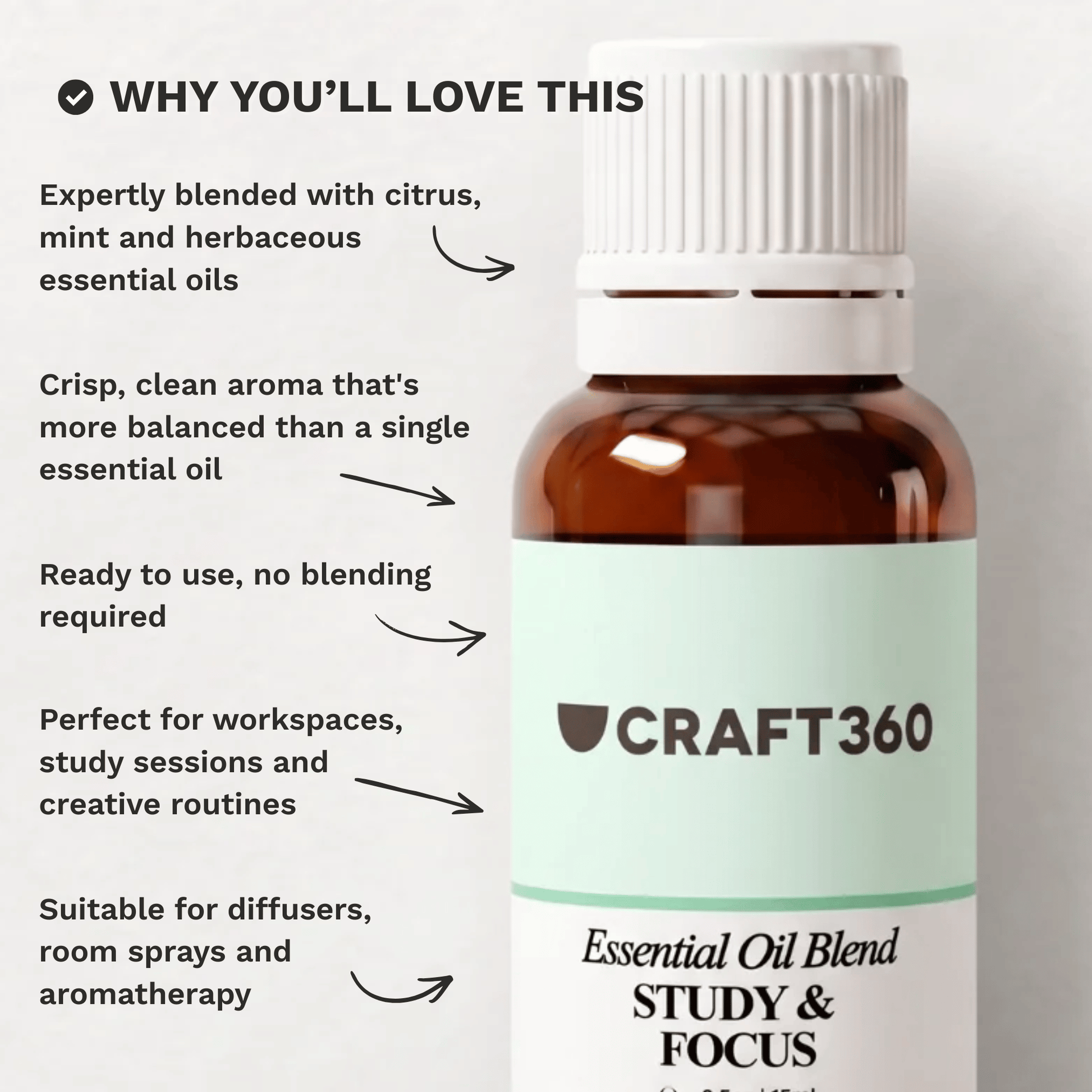 Infographic highlighting why customers love the Study & Focus Essential Oil Blend for aromatherapy and focused routines.
